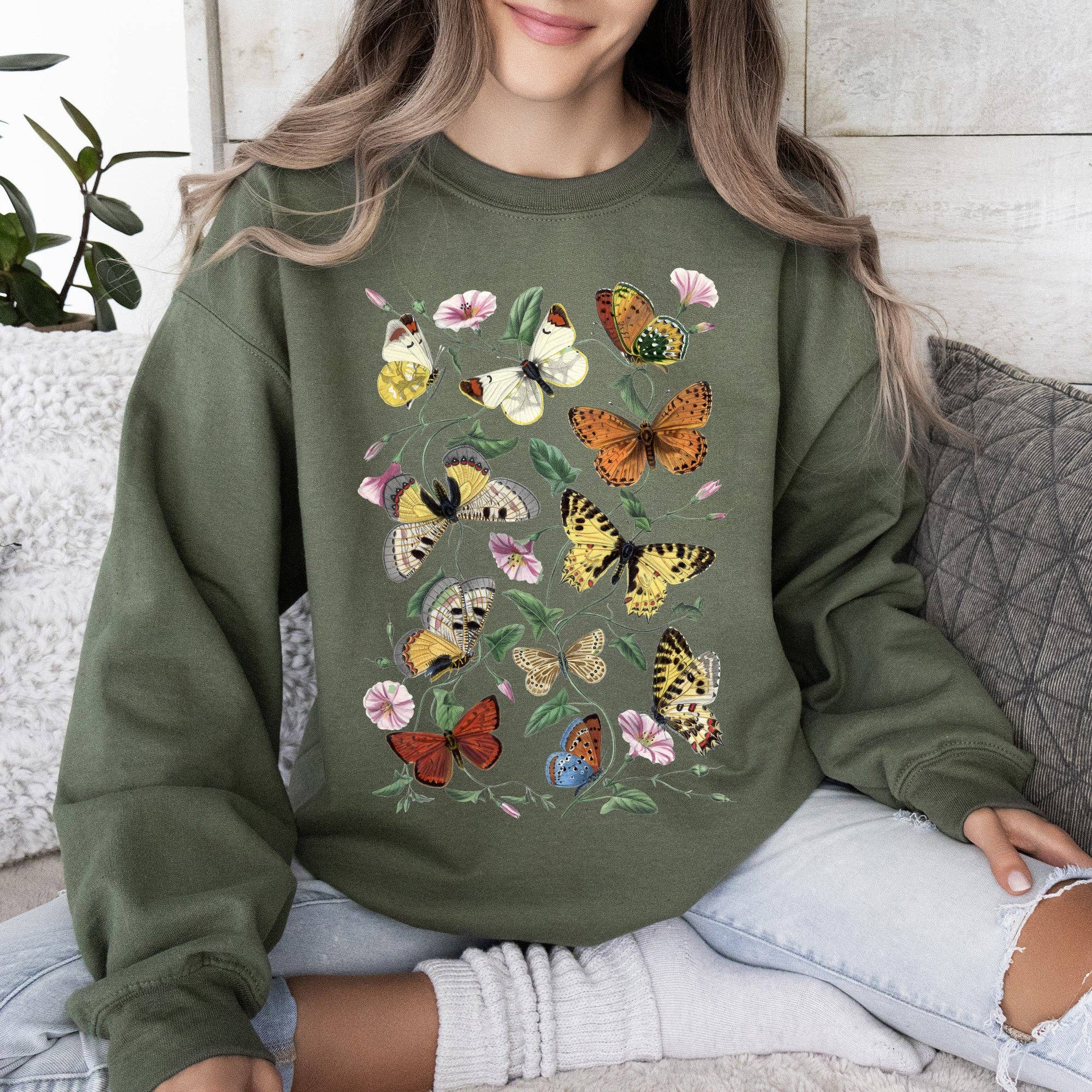 Butterfly Garden, Vibrant Floral and Butterfly Print Sweatshirt T-Shirts, Hoodie | PodTeesHub.com