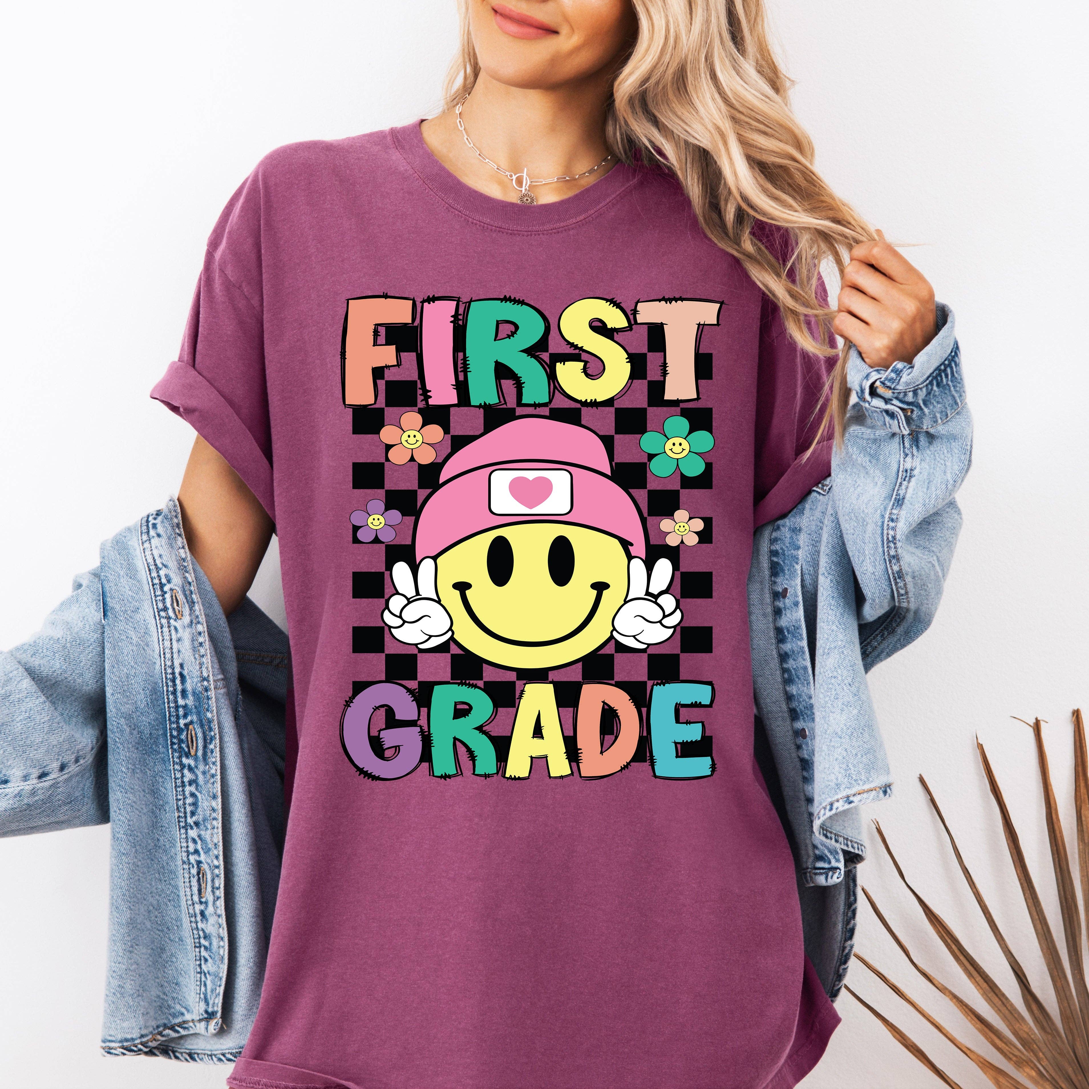 First Grade, Smiley Face Teacher Back To School T-Shirt Hoodie, Sweatshirt | PodTeesHub.com