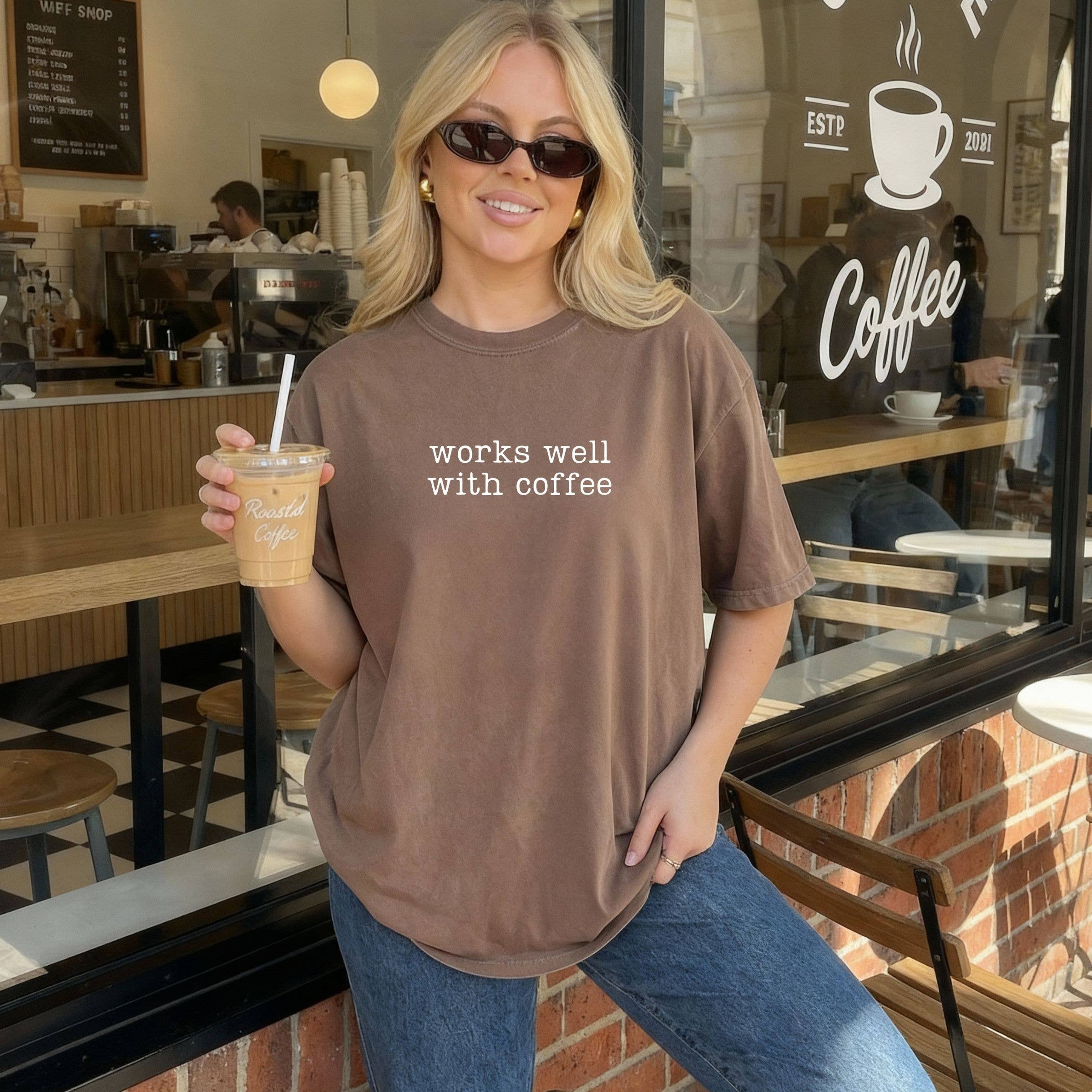 Works Well with Coffee Tee - Floral Spring Graphic Tee Hoodie, Sweatshirt | PodTeesHub.com