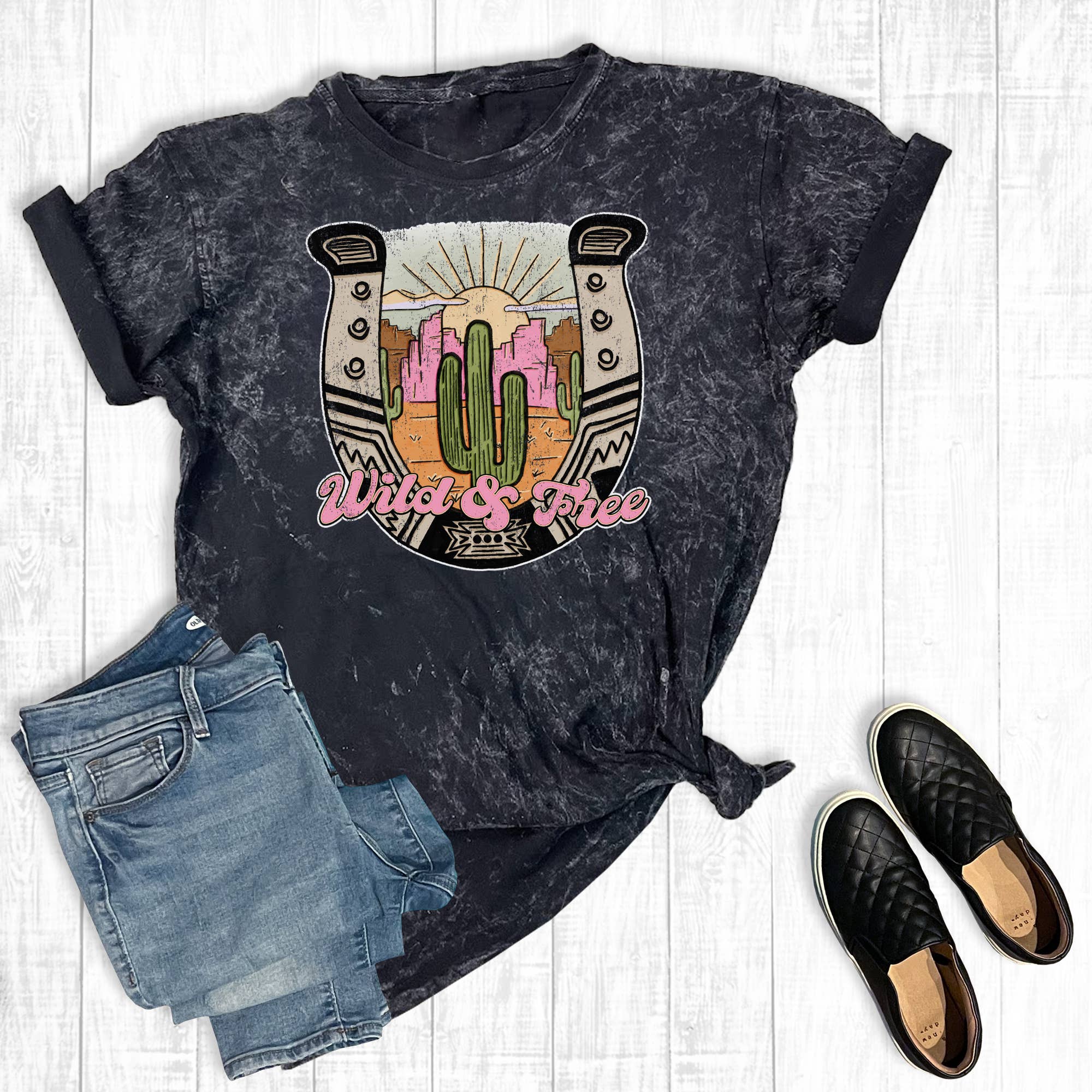 Western Cactus Wild and Free Mineral Wash Graphic Tee Hoodie, Sweatshirt | PodTeesHub.com