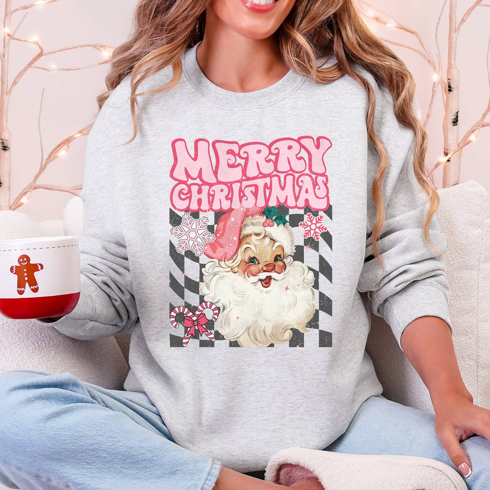 Merry Christmas, Retro Santa, Checkered, Vintage Sweatshirt T-Shirts, Hoodie | PodTeesHub.com