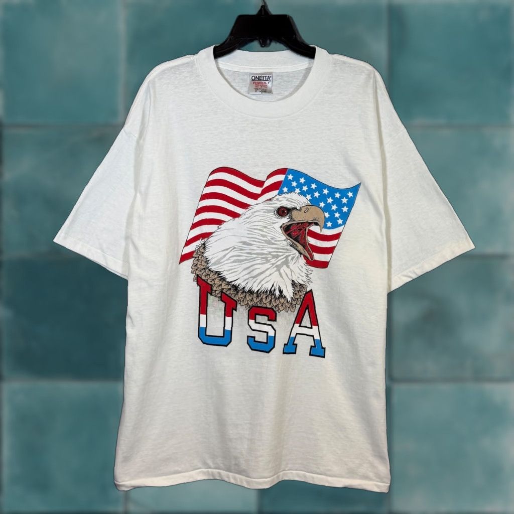 Vintage Oneita Patriot Usa Eagle American Flag Xl 90s White Short Sleeve T-Shirts, Hoodie, Sweatshirt