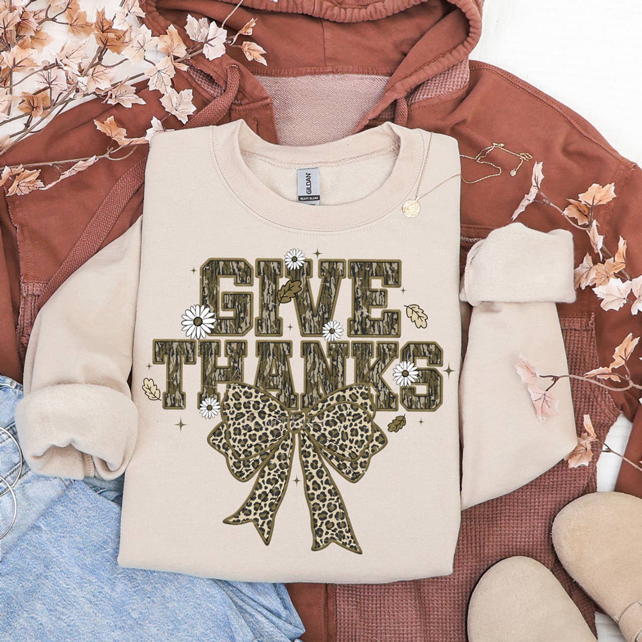Camo Give Thanks Leopard Bow Sweatshirt T-Shirts, Hoodie | PodTeesHub.com