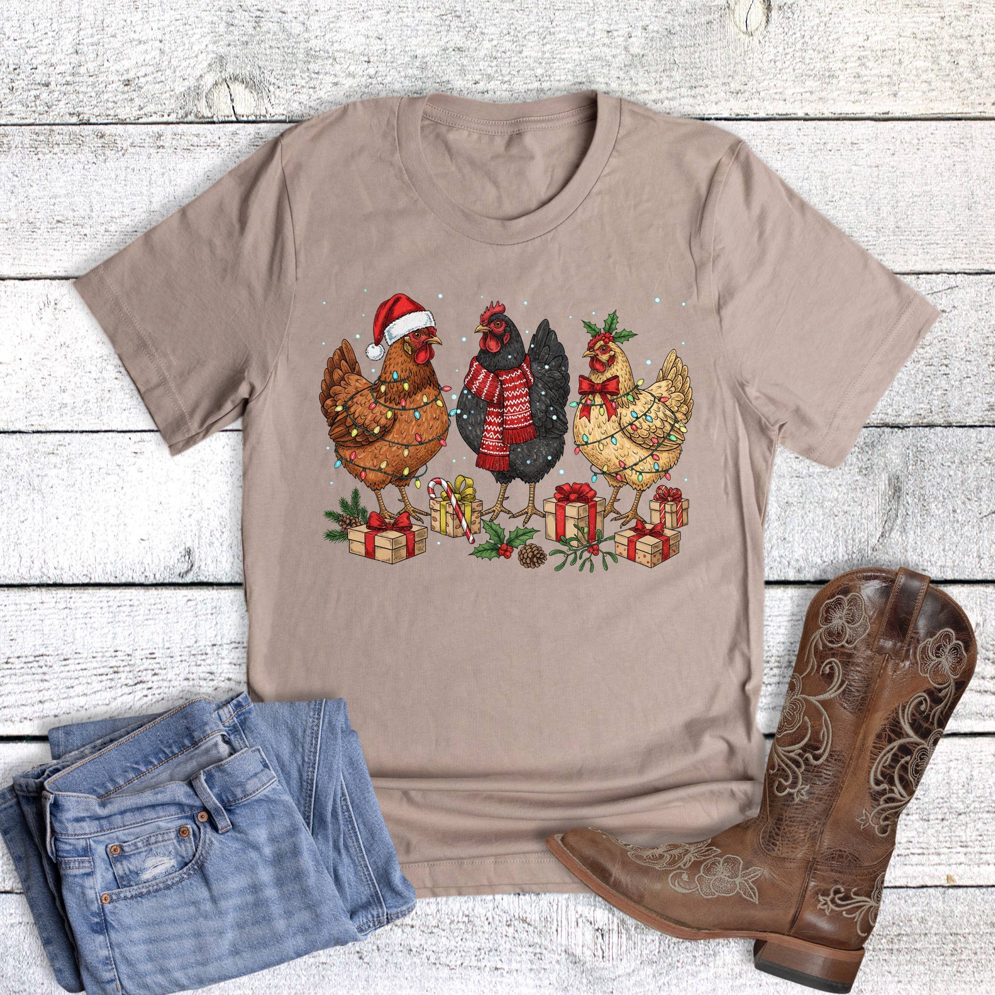 Christmas Chickens with Presents Graphic Tee Hoodie, Sweatshirt | PodTeesHub.com