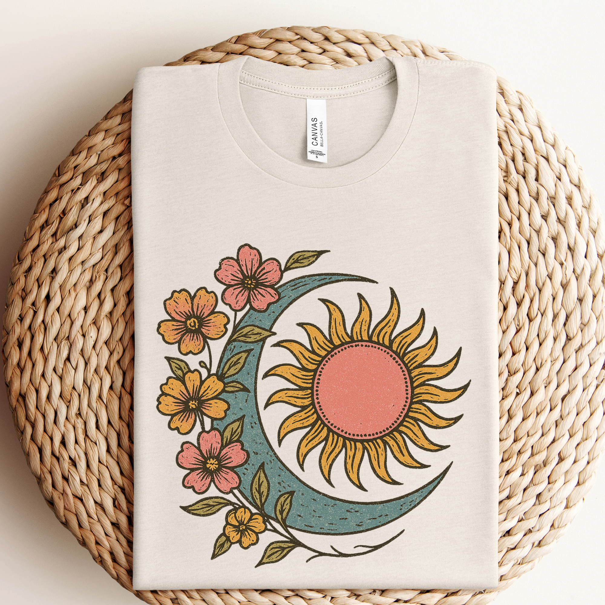 Boho Floral Moon and Sun Graphic Tee Hoodie, Sweatshirt | PodTeesHub.com