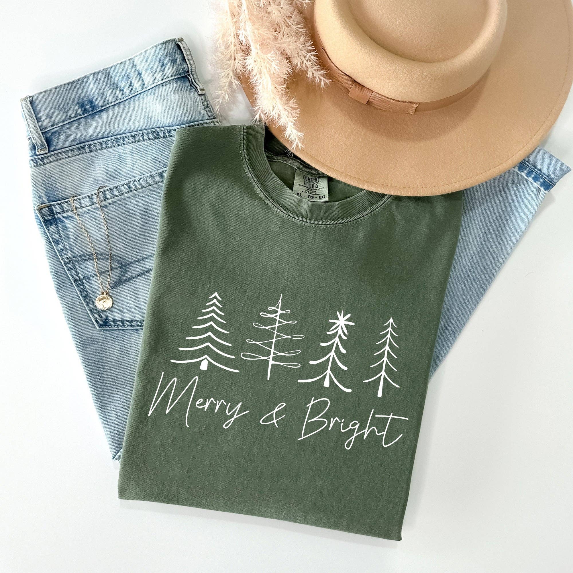 Merry and Bright, Christmas, Minimalist Santa, Xmas Tshirt Hoodie, Sweatshirt | PodTeesHub.com