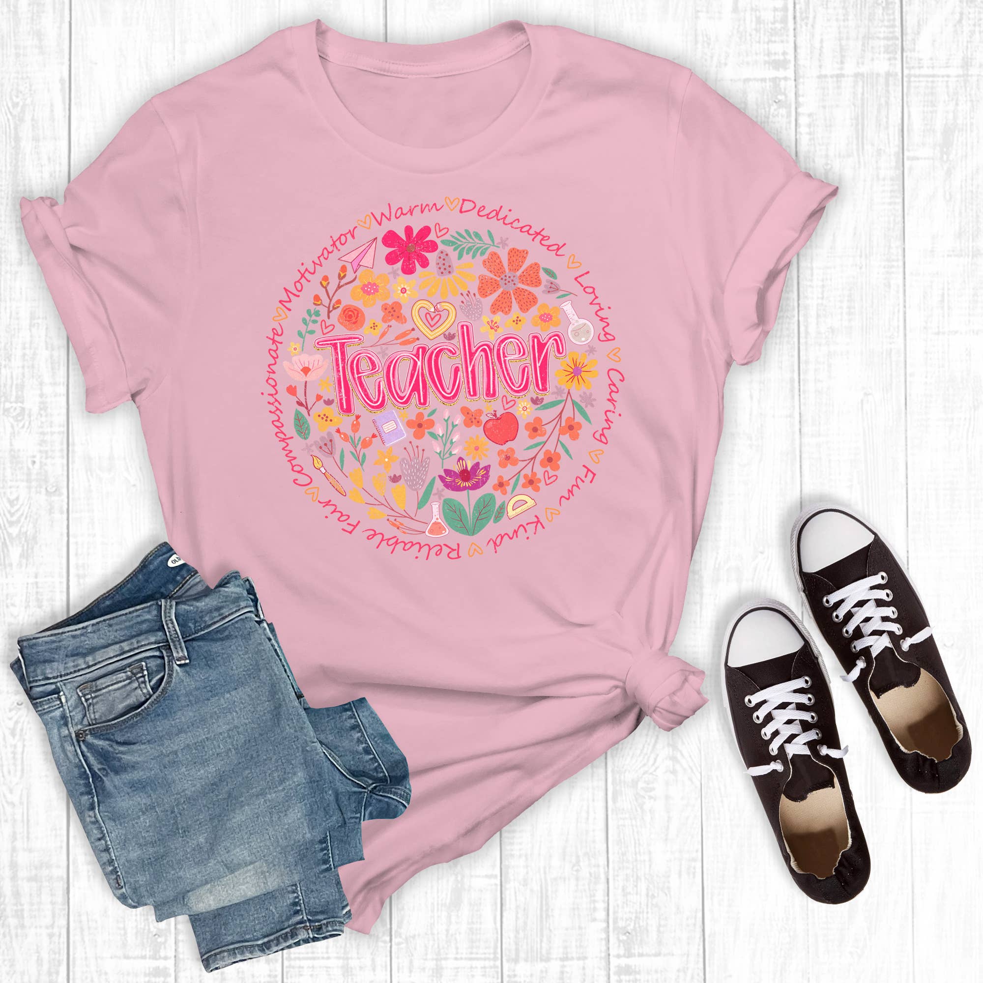 Retro Boho Dedicated Floral Teacher Graphic Tee Hoodie, Sweatshirt | PodTeesHub.com