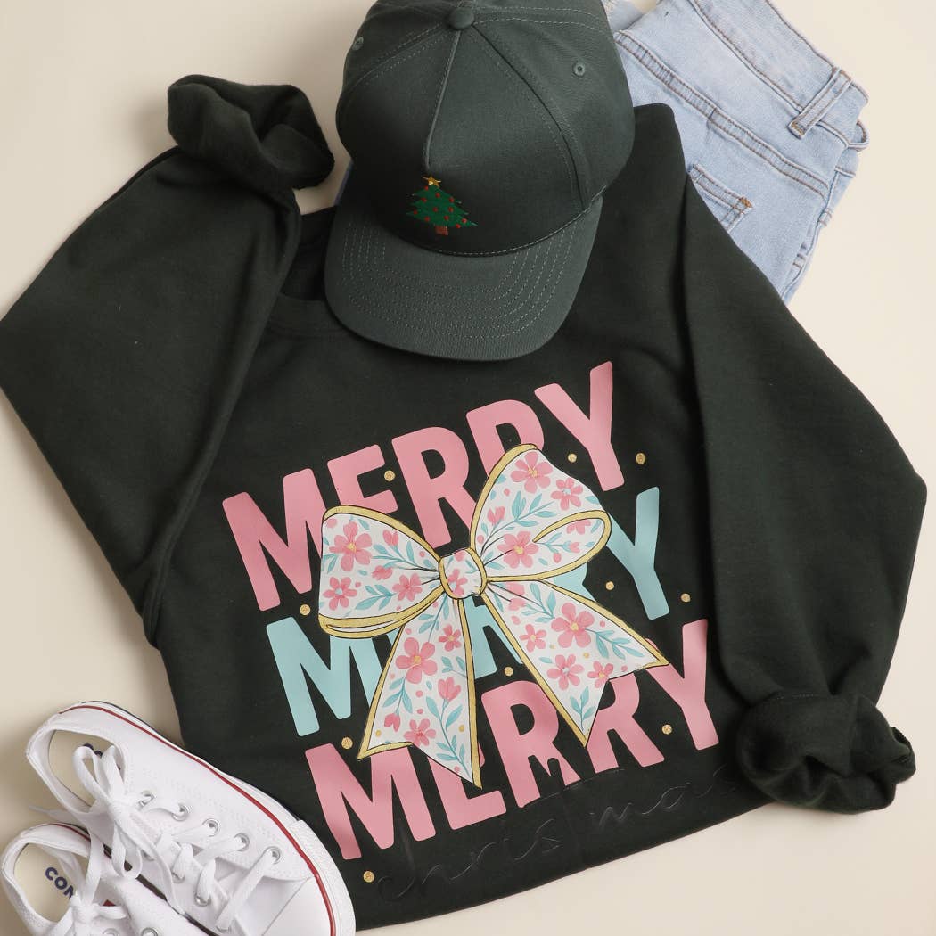 Merry Merry Bow Graphic Christmas Heavyweight Sweatshirt T-Shirts, Hoodie | PodTeesHub.com