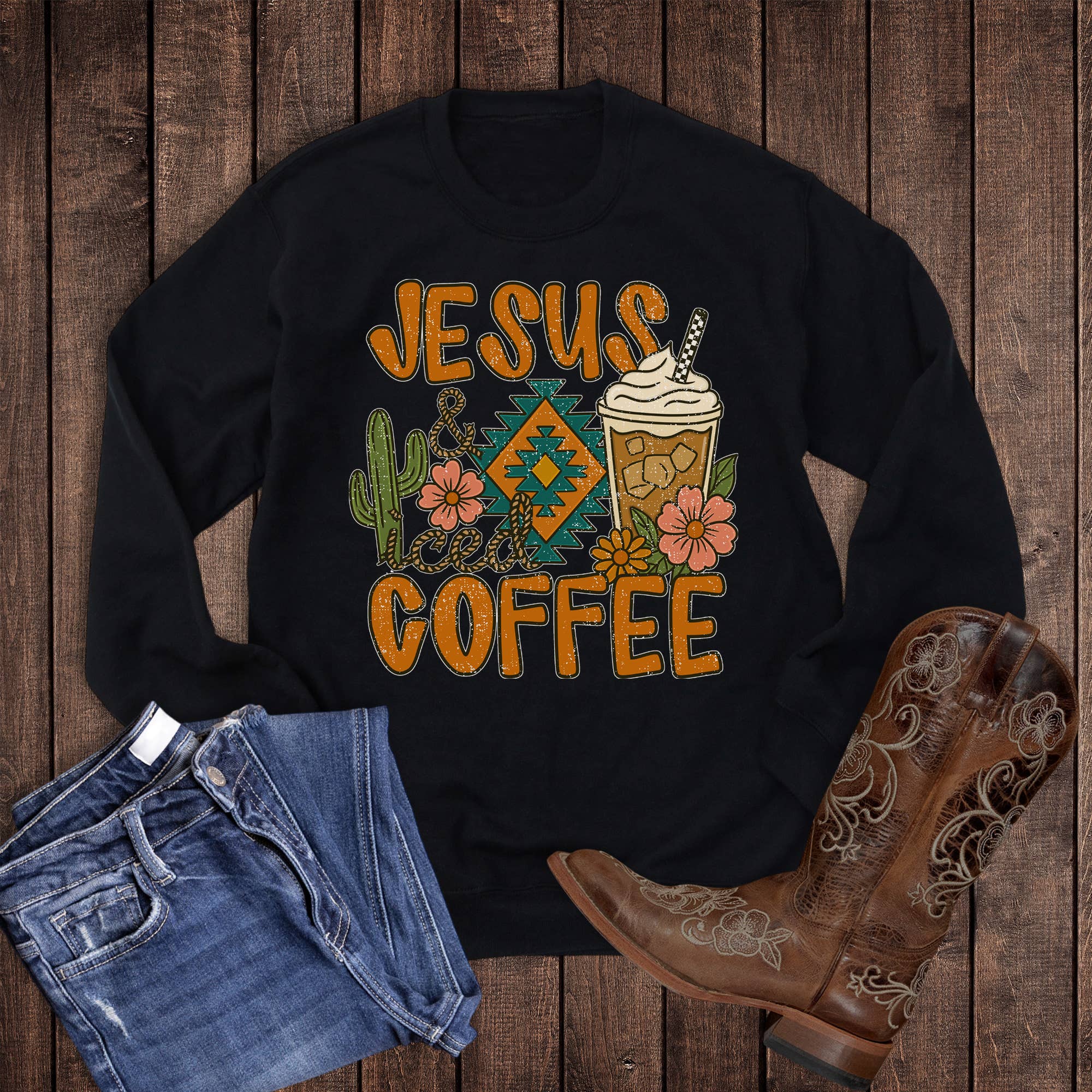 Western Jesus and Iced Coffee Sweatshirt T-Shirts, Hoodie | PodTeesHub.com