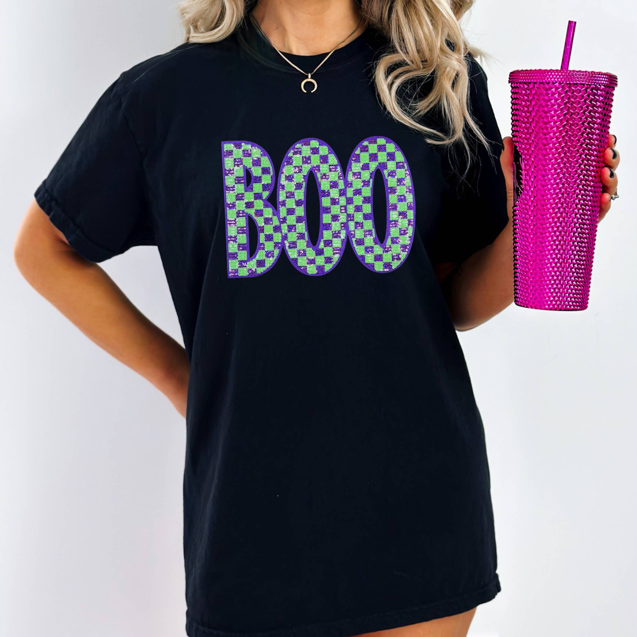 Purple and Green Checkered Boo Sequin Patch Pigment Dyed Tee Hoodie, Sweatshirt | PodTeesHub.com