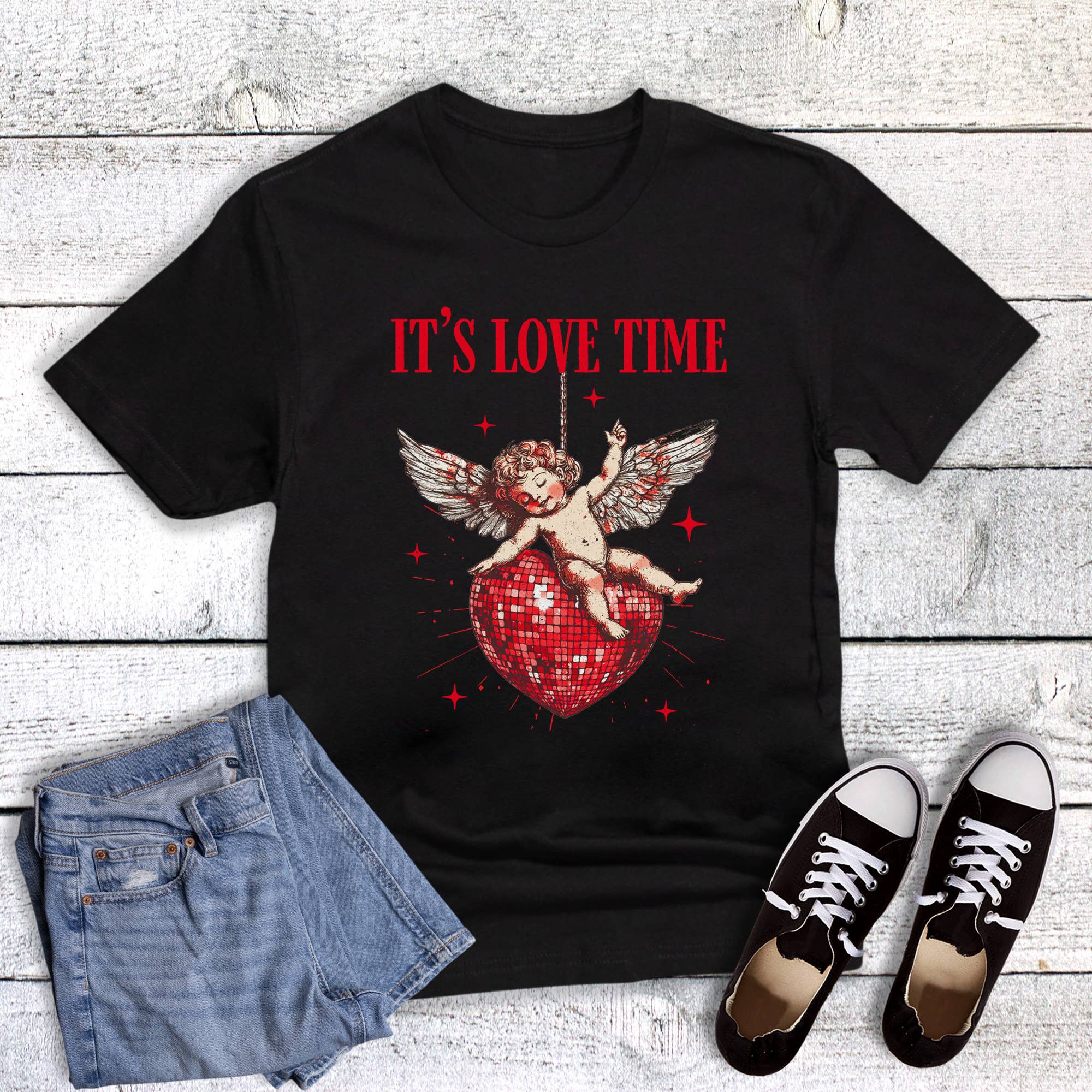 Valentine It's Love Time Cupid Graphic Tee Hoodie, Sweatshirt | PodTeesHub.com