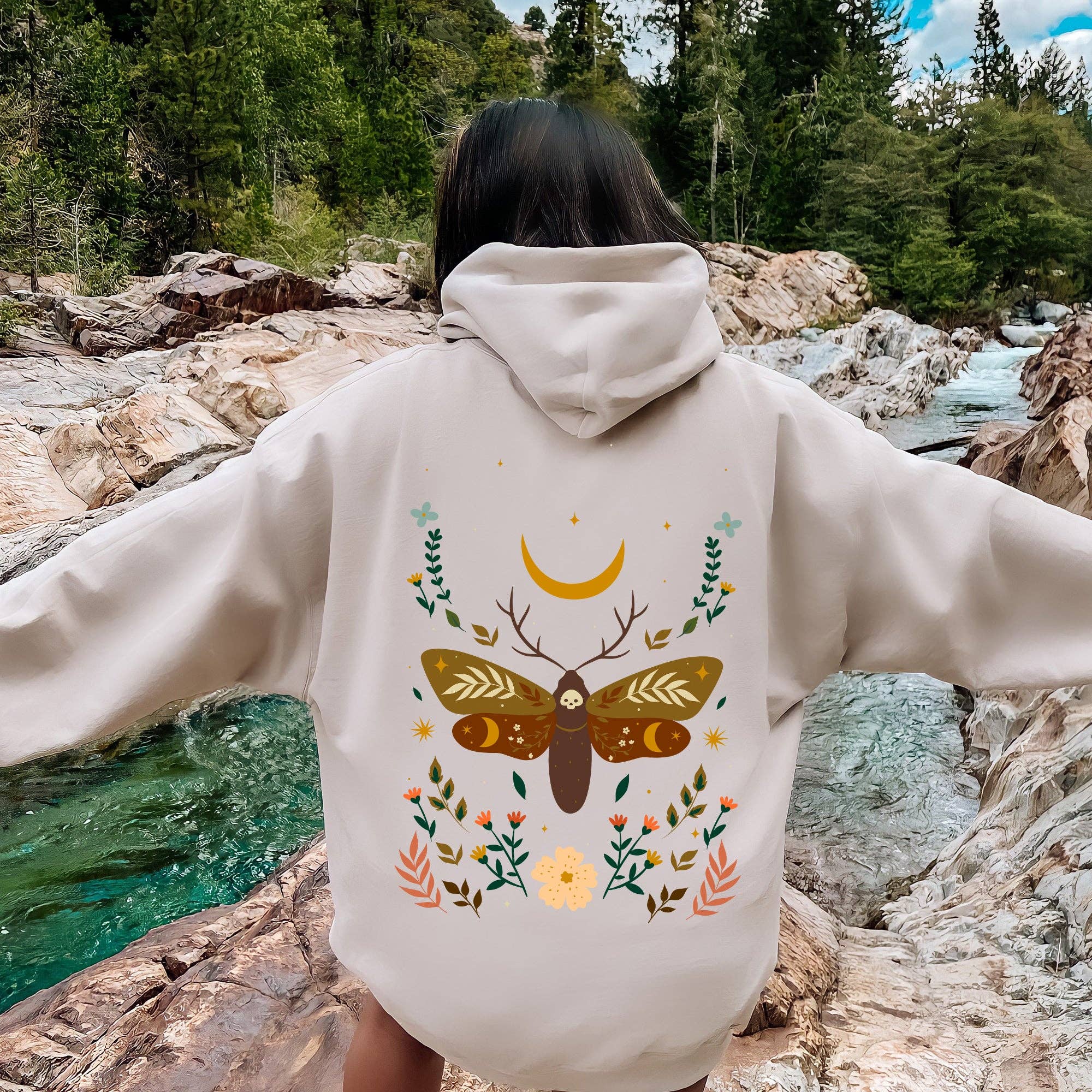 Enchanted Moth Garden, Floral Print Hoodie T-Shirts, Sweatshirt | PodTeesHub.com