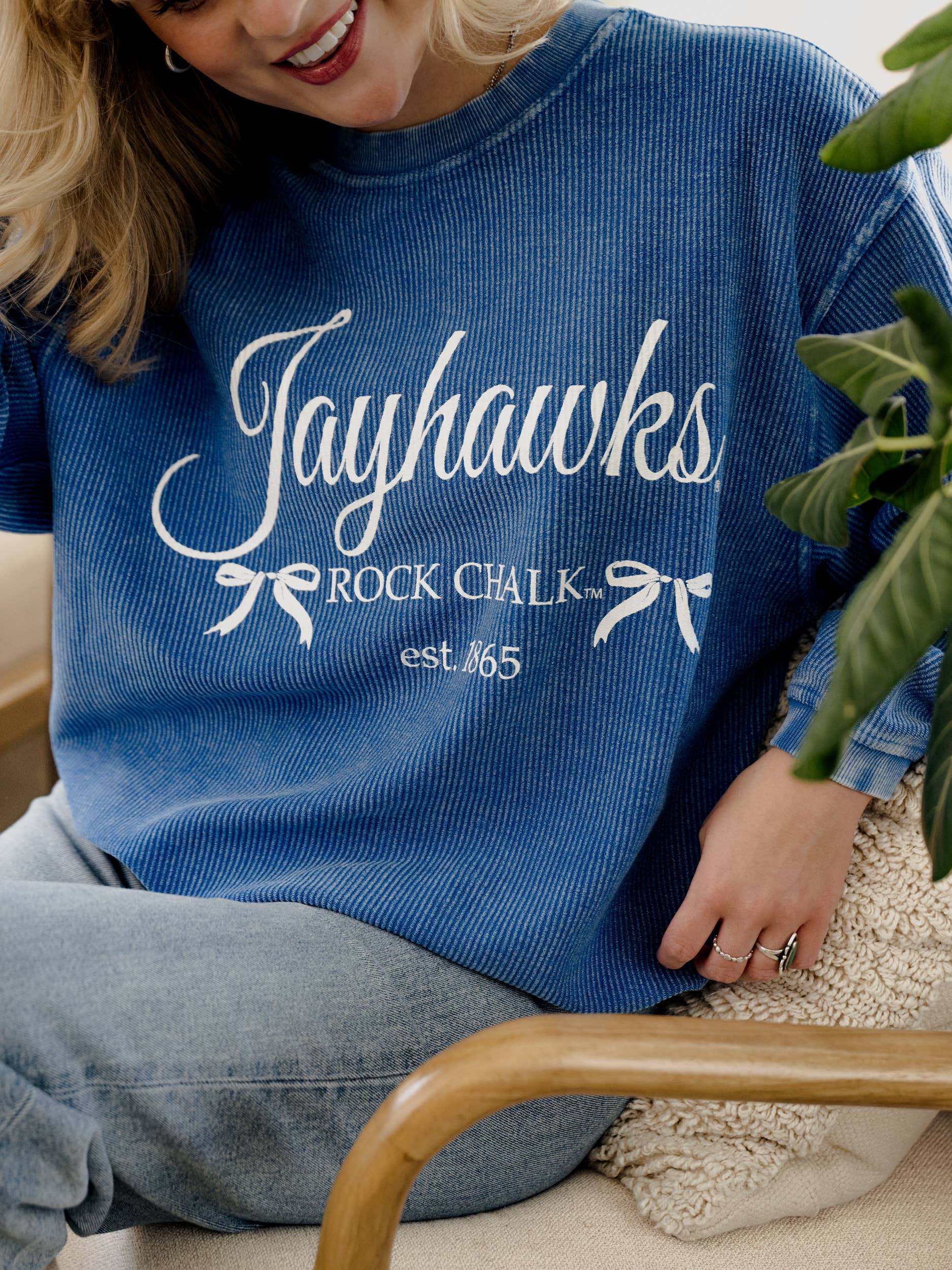 Ku Jayhawks Established Bows Blue Corded Crew Sweatshirt T-Shirts, Hoodie | PodTeesHub.com