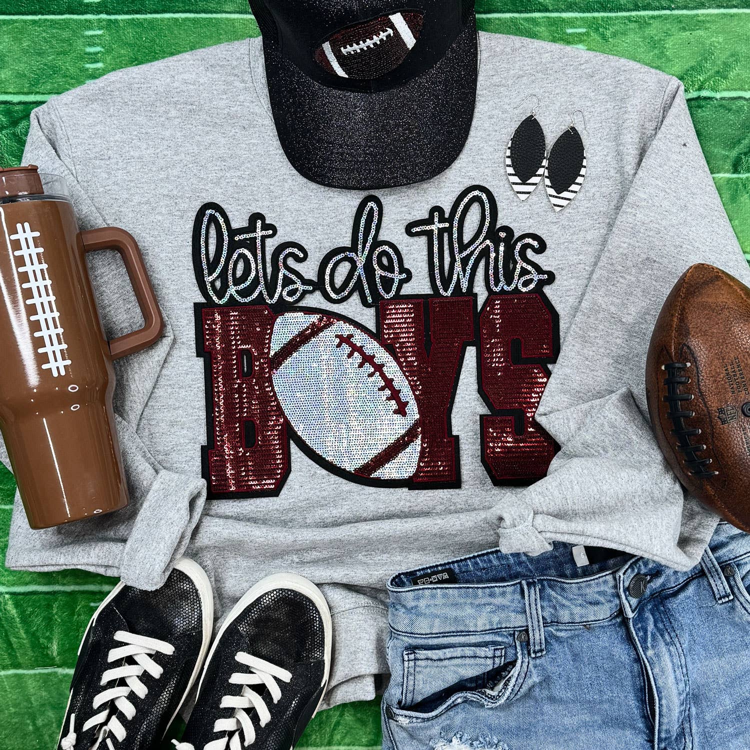 Let's Do This Boys Maroon/Silver Sequin Patch Sport Grey Crewneck Sweatshirt T-Shirts, Hoodie | PodTeesHub.com