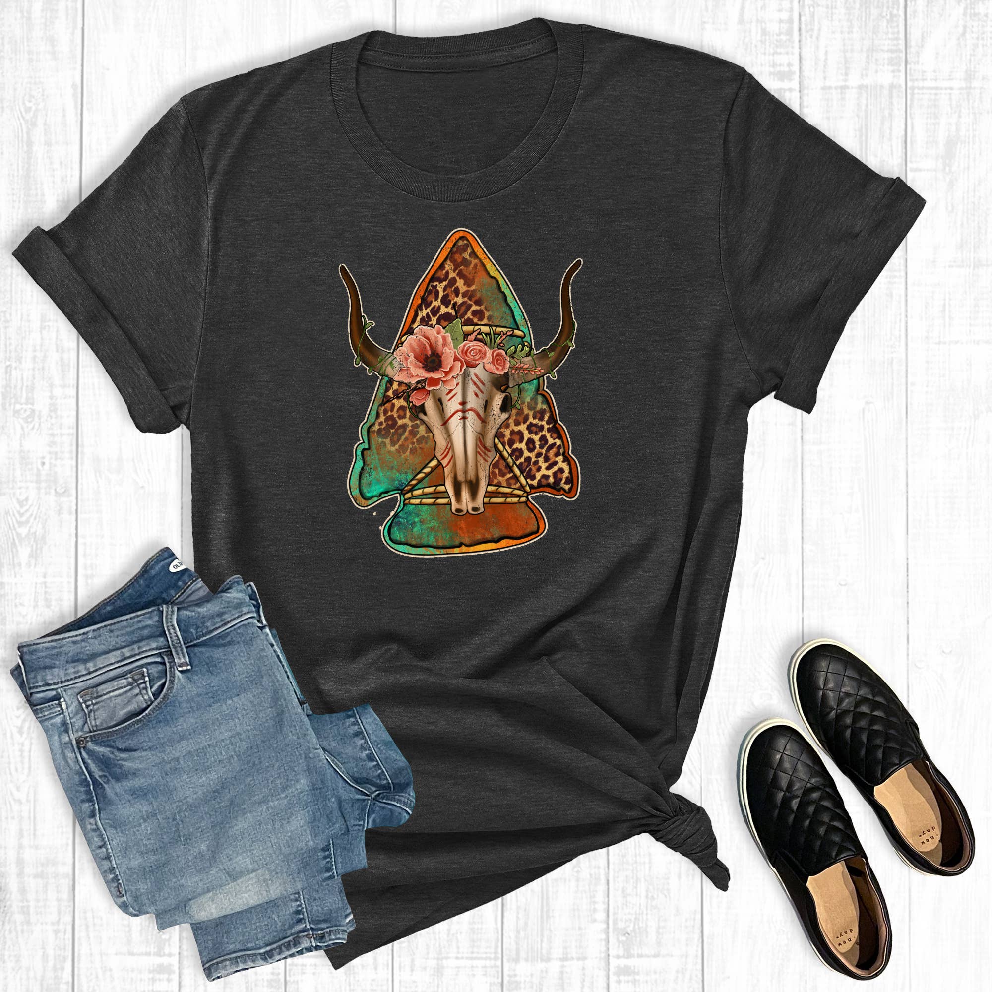 Western Leopard Arrowhead Cowskull Graphic Tee Hoodie, Sweatshirt | PodTeesHub.com