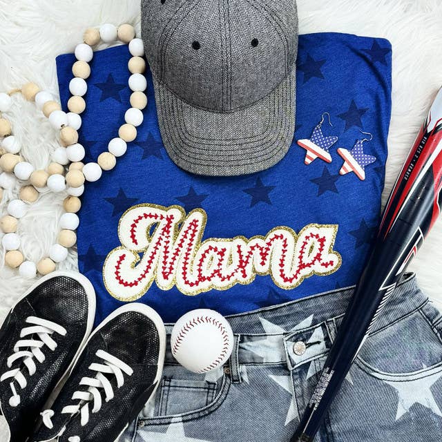 Mama Baseball Chenille Blue Star Tee Hoodie, Sweatshirt | PodTeesHub.com