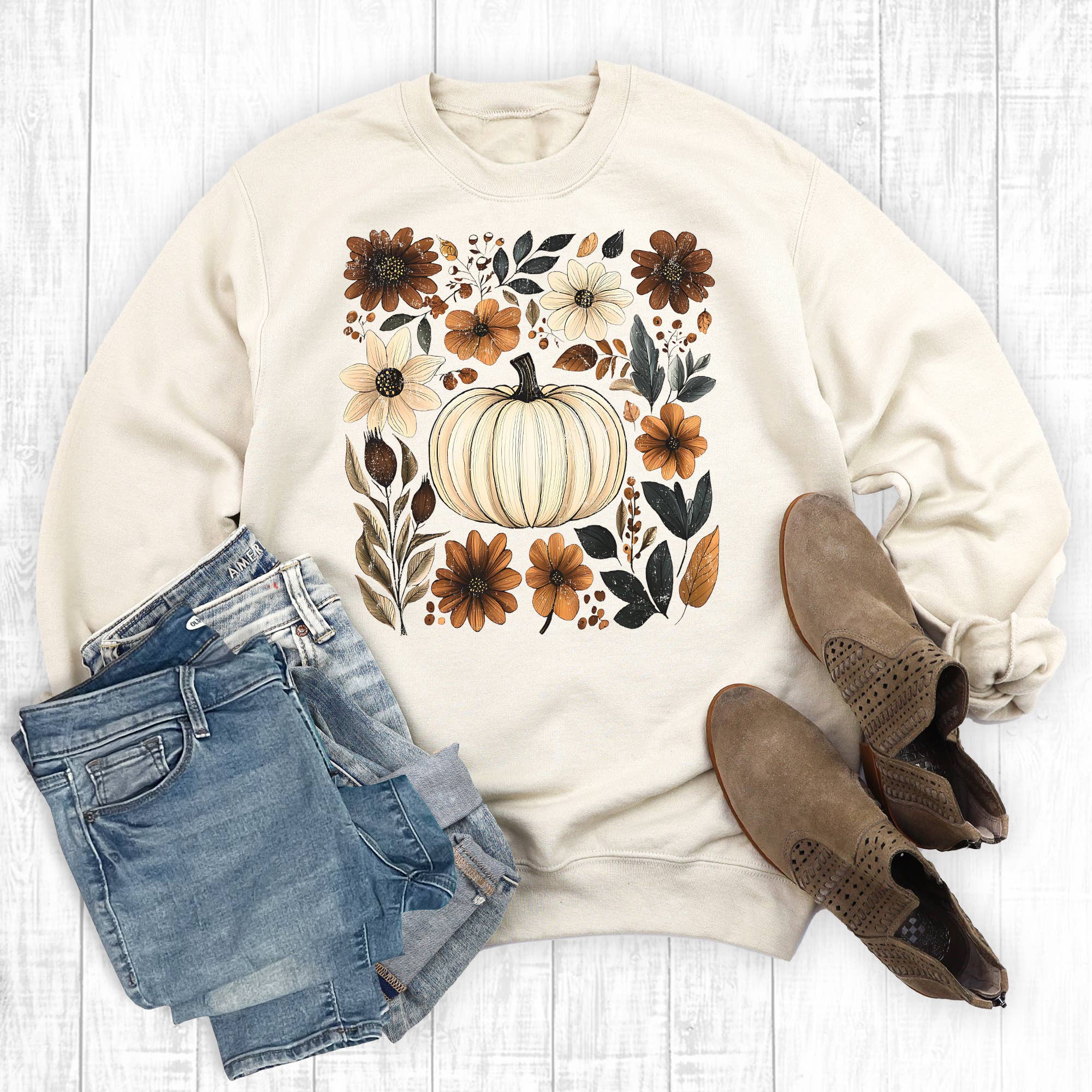 Boho Floral Fall Pumpkin Graphic Sweatshirt T-Shirts, Hoodie | PodTeesHub.com
