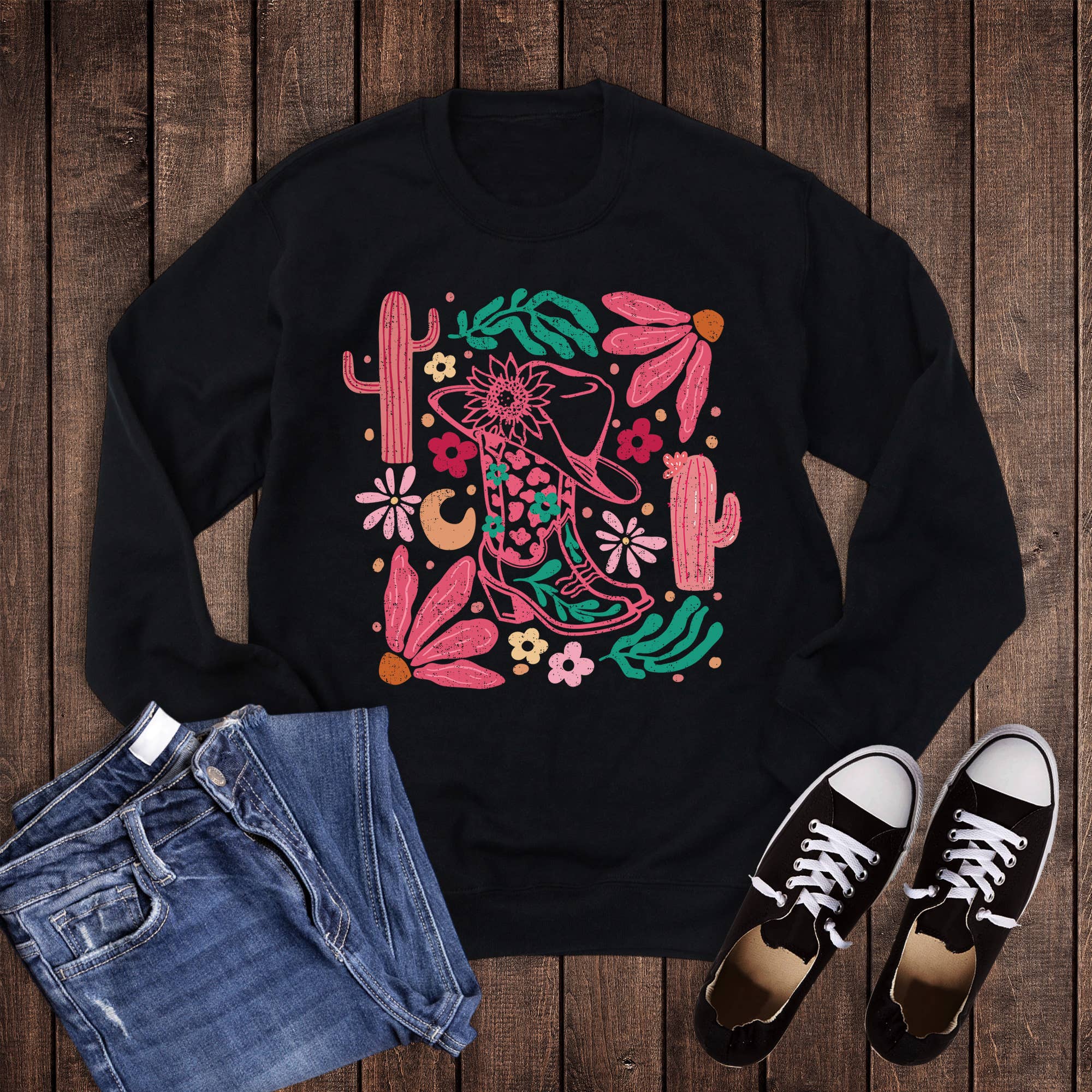 Western Boho Cowgirl Boot and Flowers Sweatshirt T-Shirts, Hoodie | PodTeesHub.com