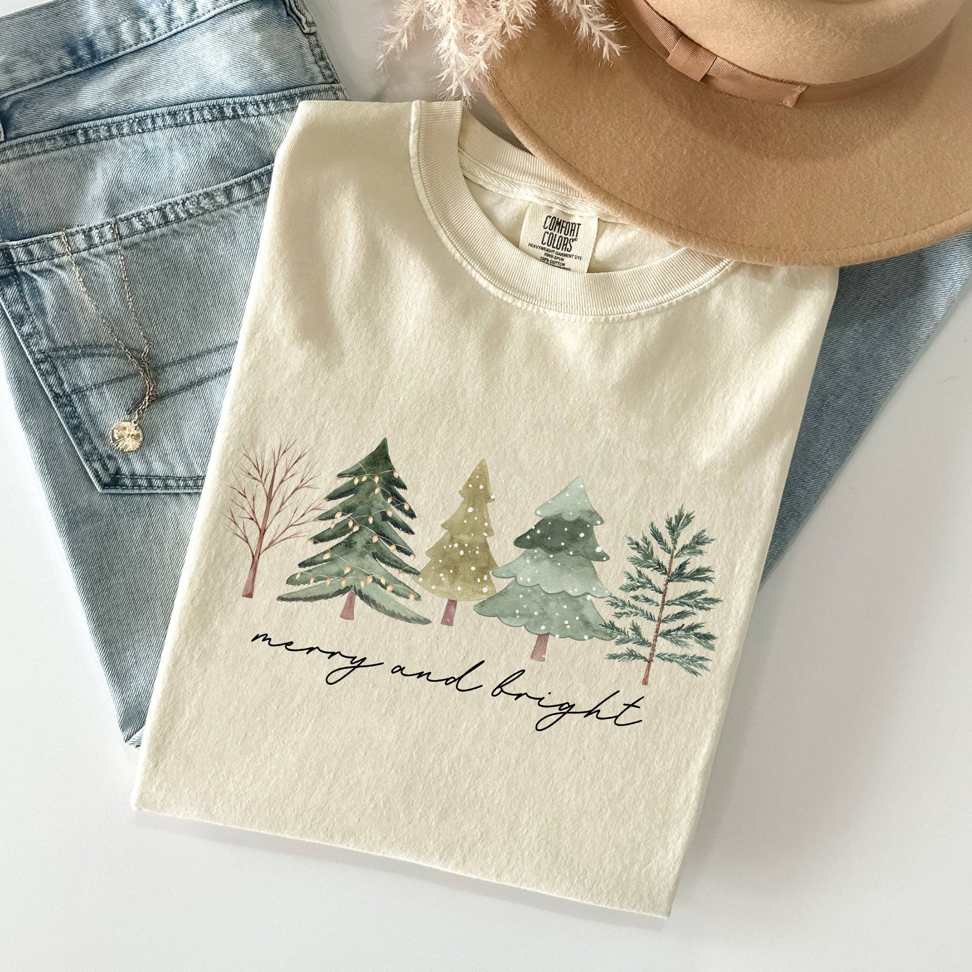 Merry and Bright, Christmas Trees, Minimalist Xmas Tshirt Hoodie, Sweatshirt | PodTeesHub.com