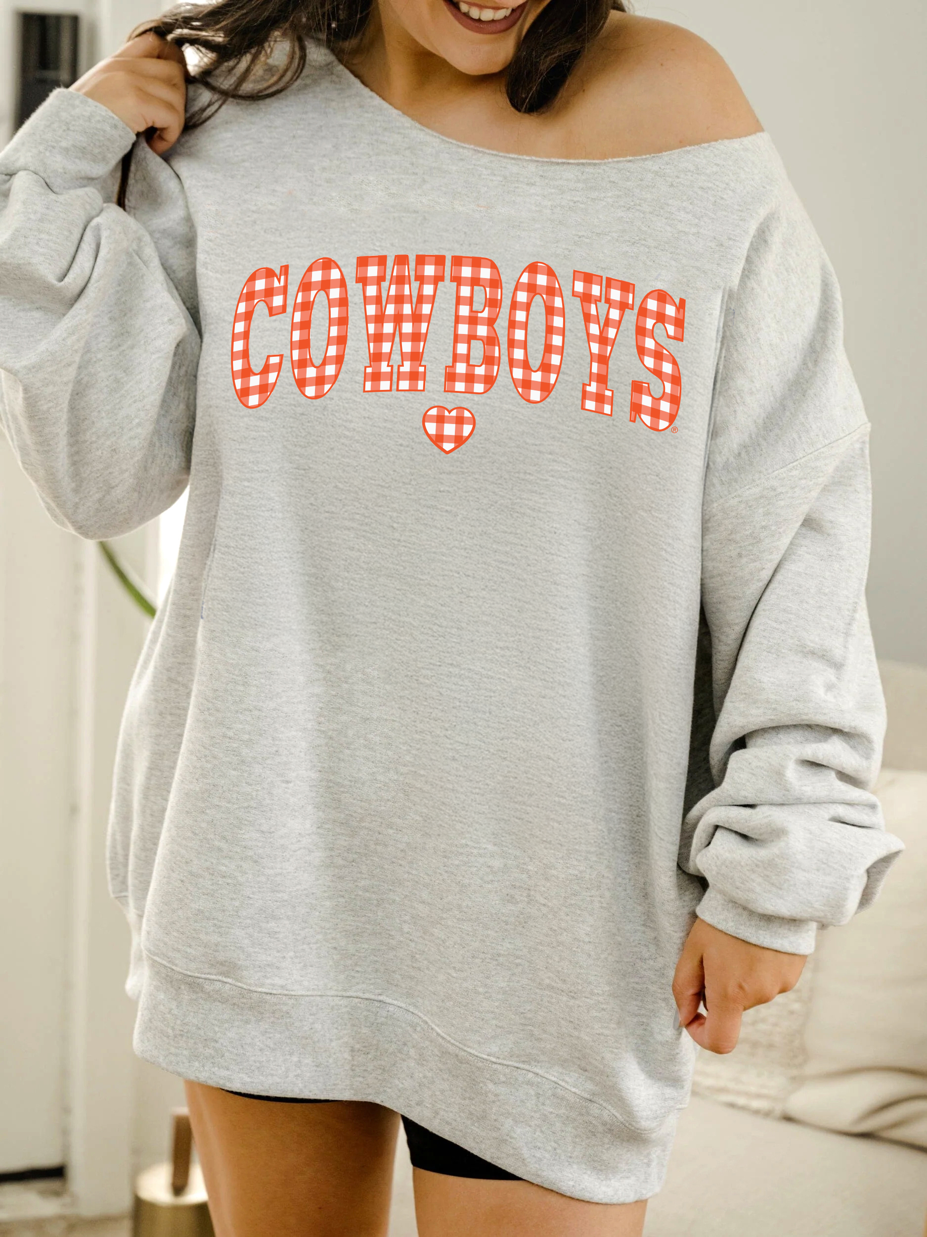 Osu Cowboys Gingham Heart Ash Gray Flashdance Sweatshirt T-Shirts, Hoodie | PodTeesHub.com