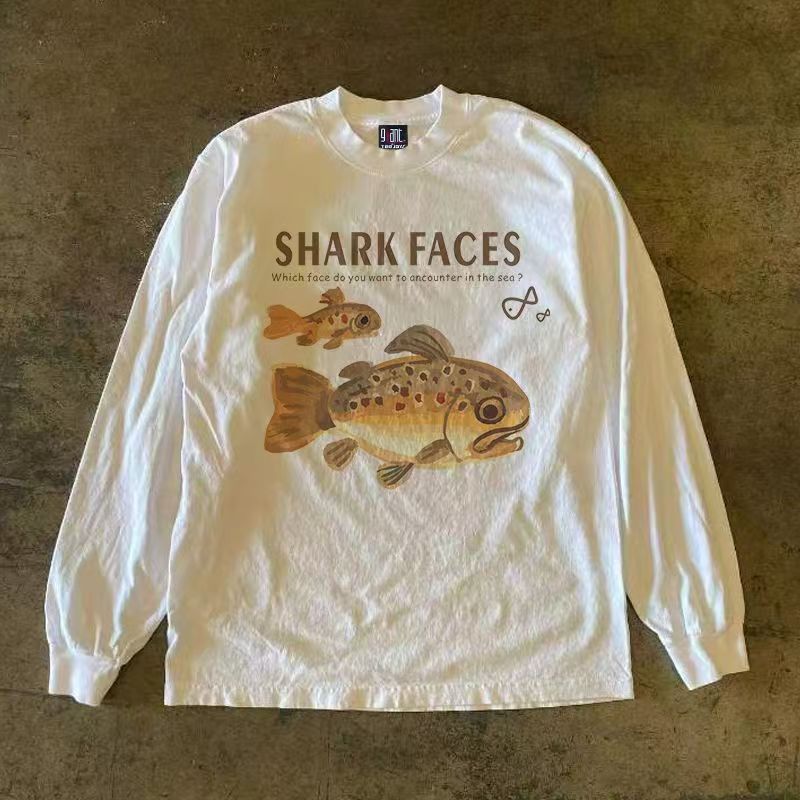 Japanese Brand White Retro Eye Print Cotton Long Sleeved T Shirt Hoodie, Sweatshirt | PodTeesHub.com