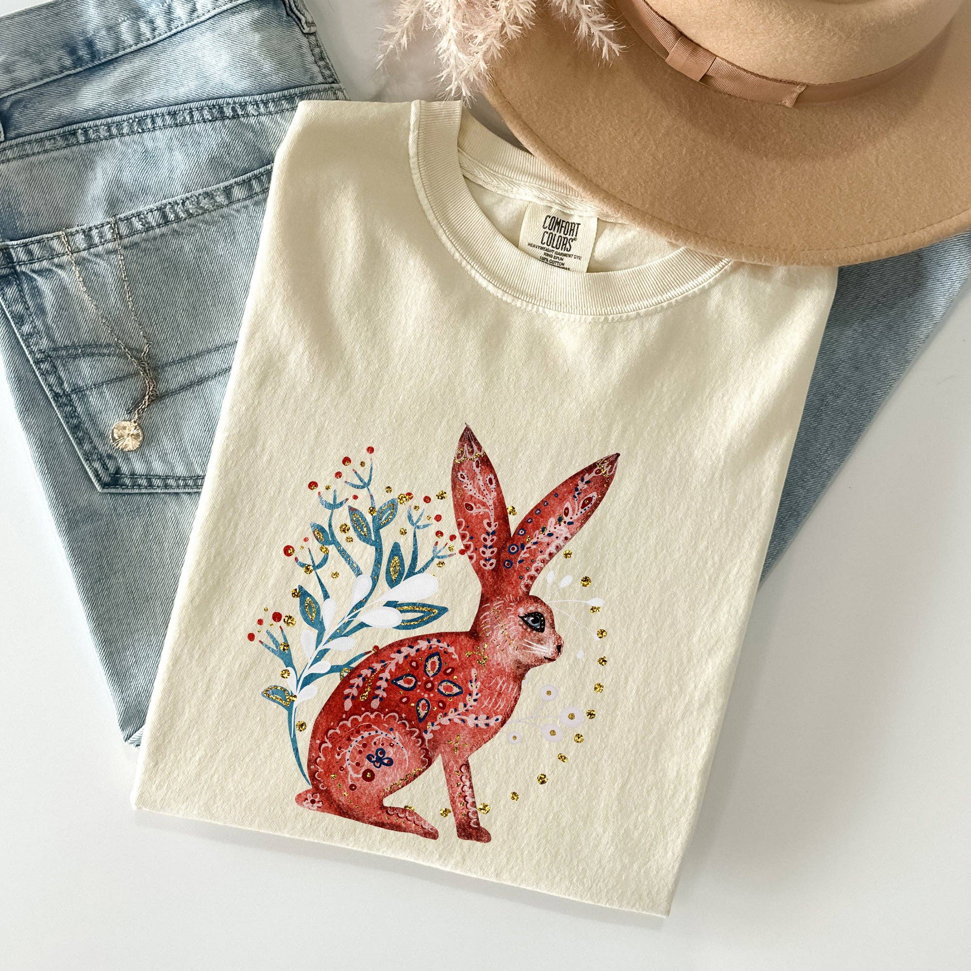 Folk Art Rabbit, Easter, Scandinavian Comfort Colors Tshirt Hoodie, Sweatshirt | PodTeesHub.com