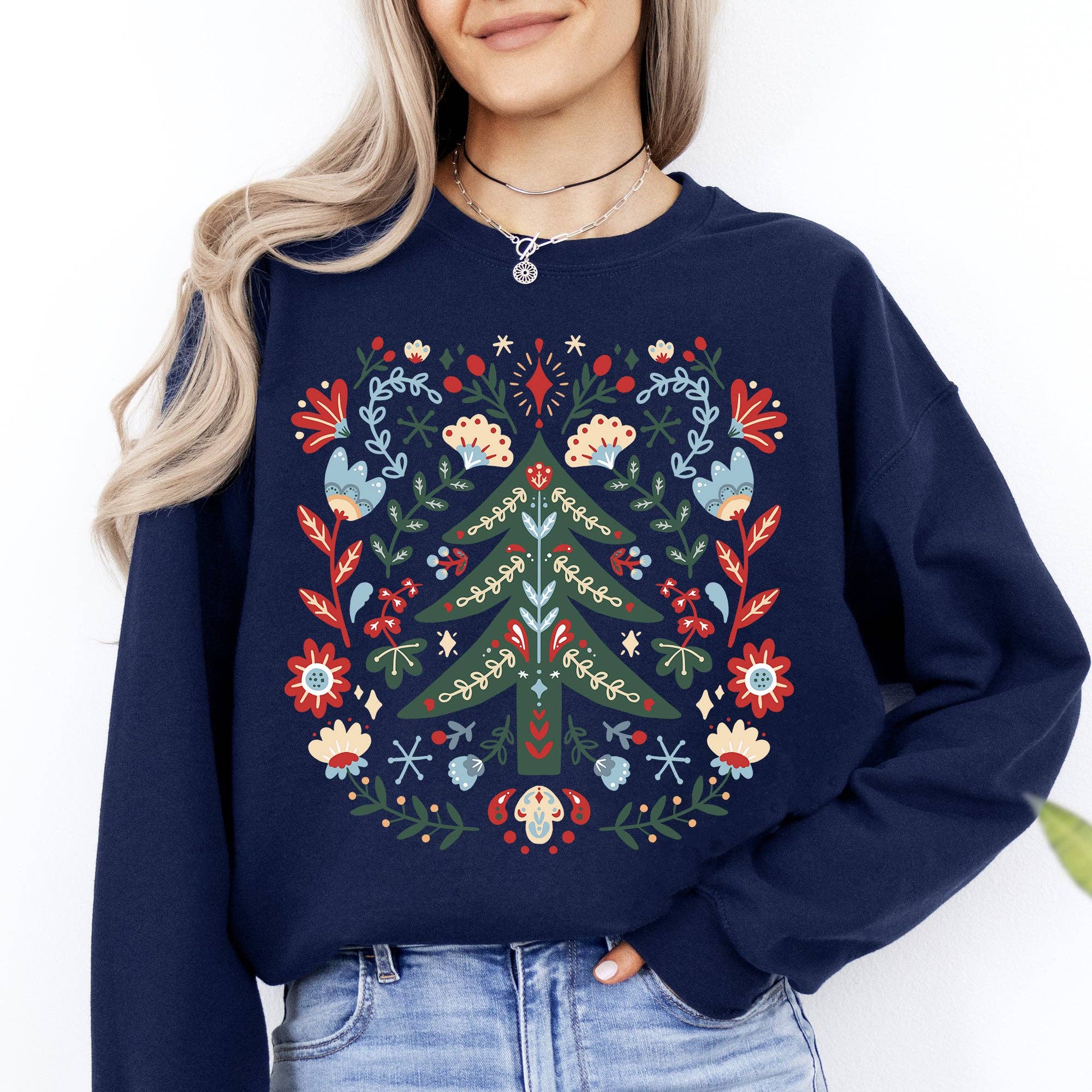Christmas Tree Folk Art, Scandinavian Floral Sweatshirt T-Shirts, Hoodie | PodTeesHub.com