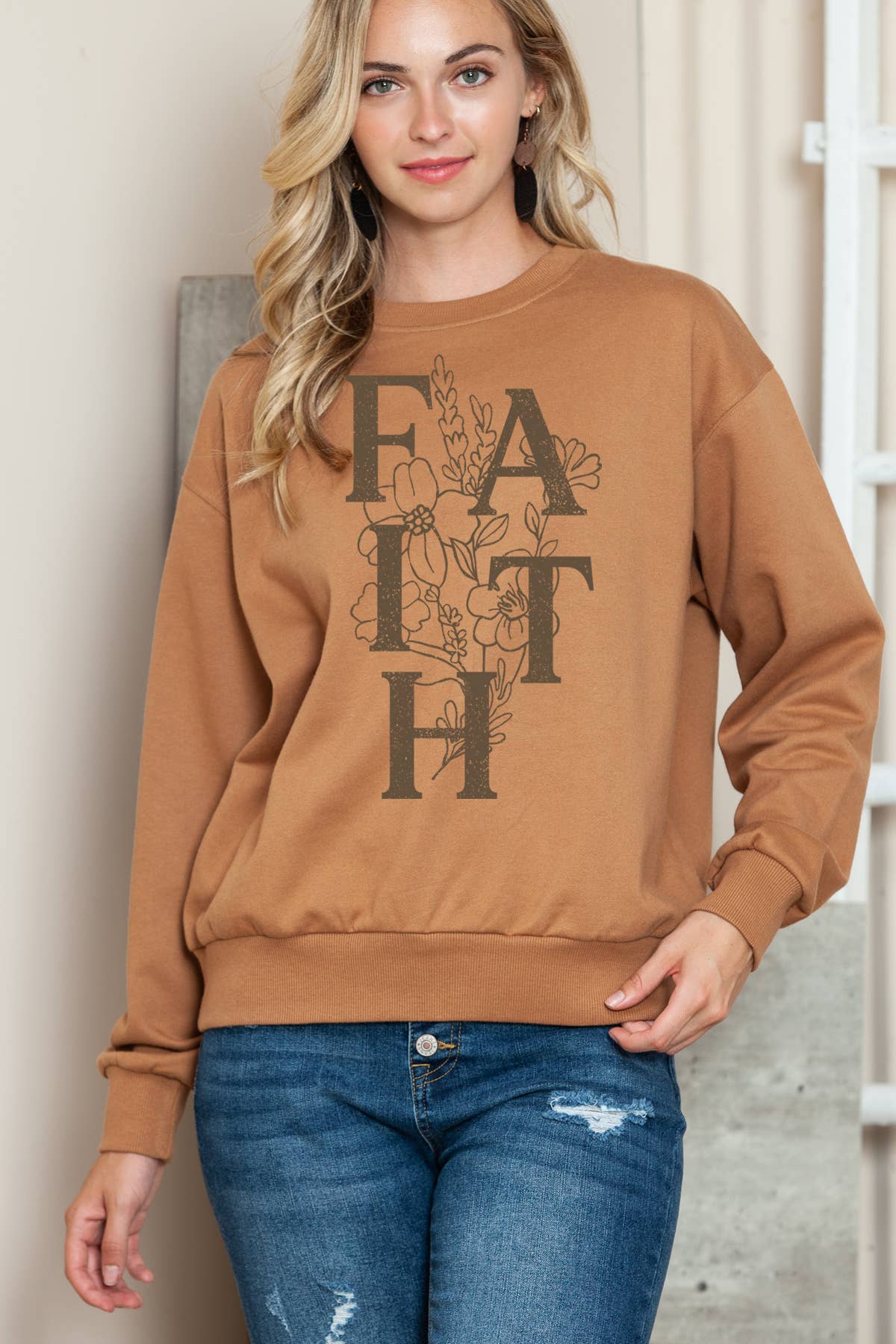 Women Faith Graphic Print Long Sleeve Sweater Top T-Shirts, Hoodie, Sweatshirt | PodTeesHub.com