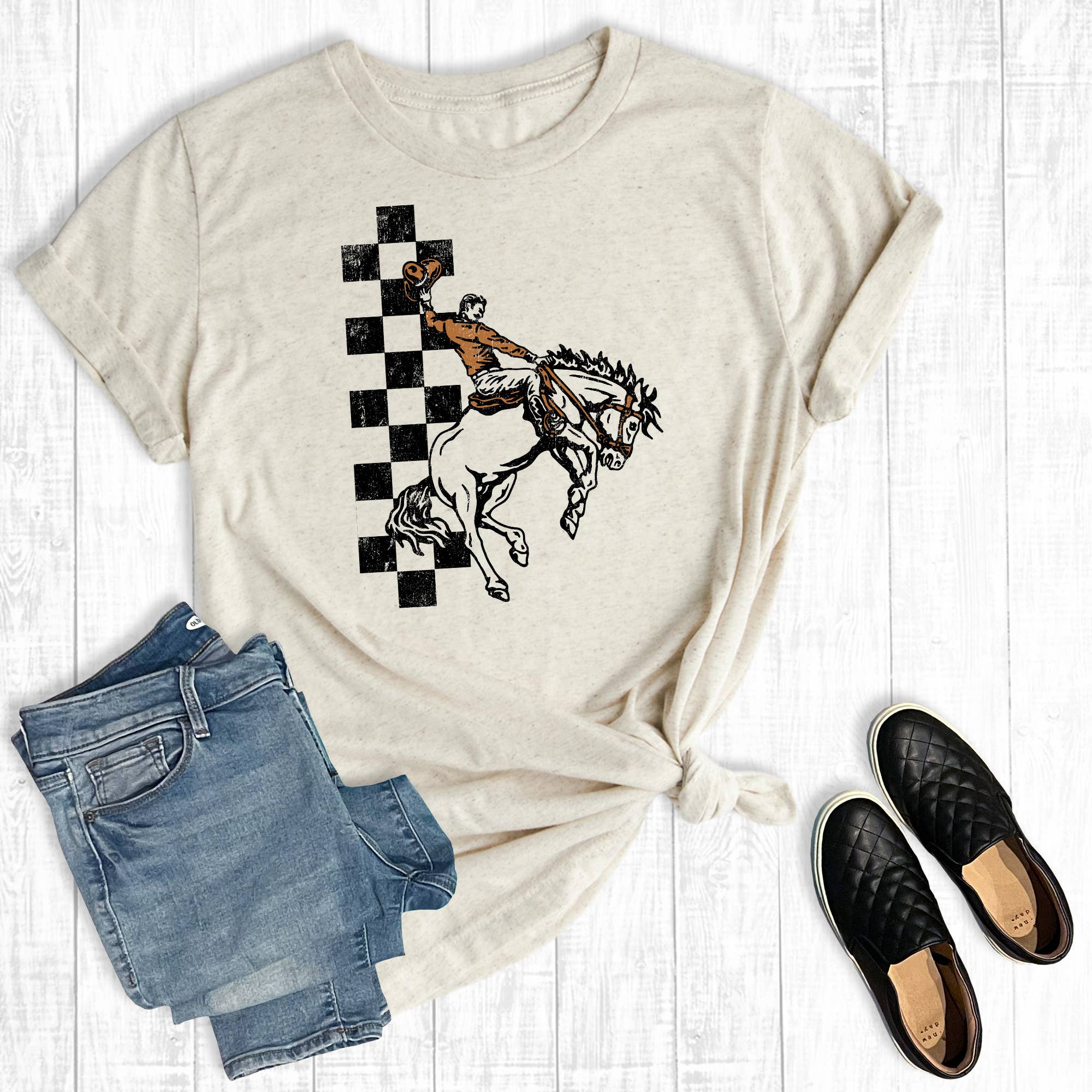 Checkered Western Bucking Horse Graphic Tee Hoodie, Sweatshirt | PodTeesHub.com