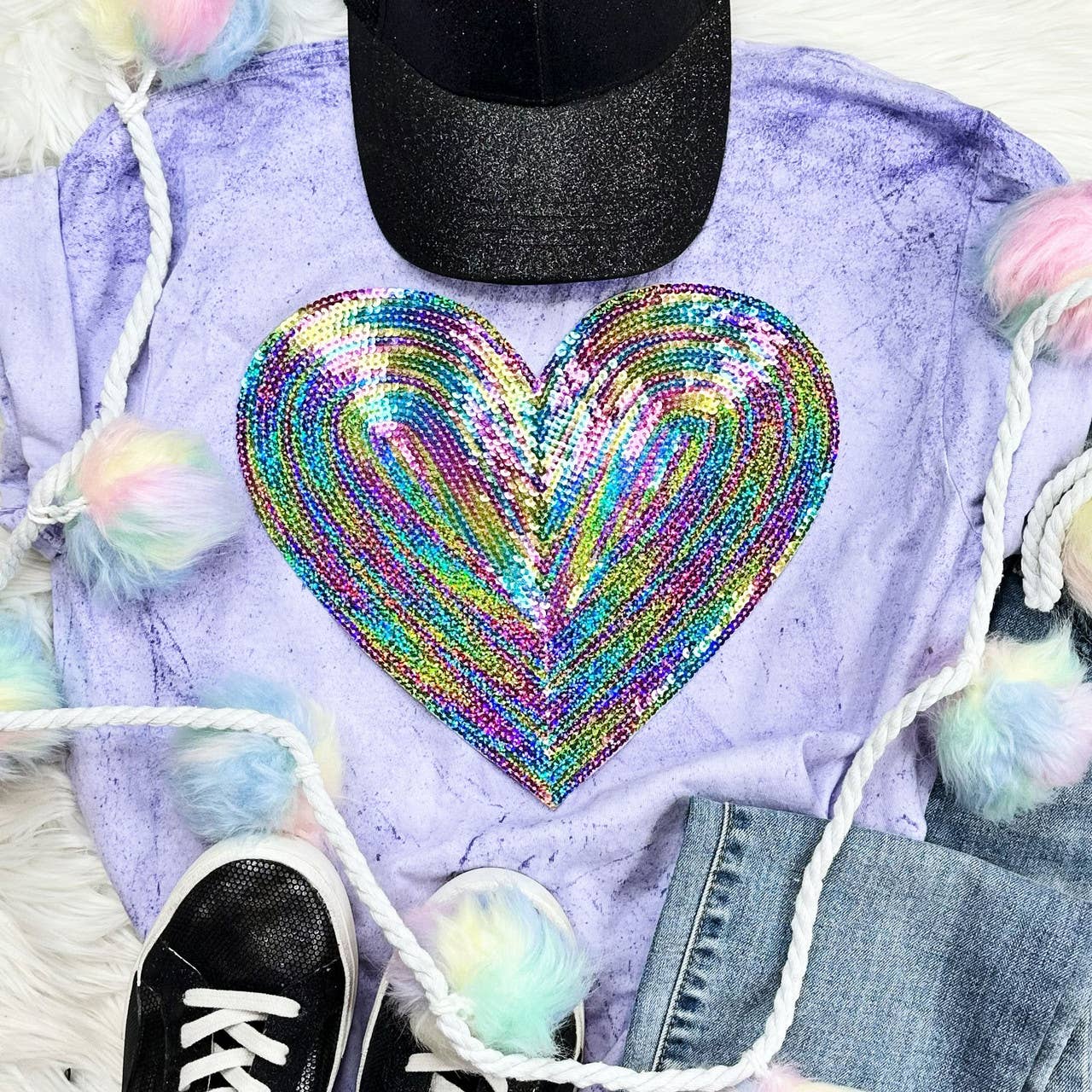 Rainbow Heart Sequin Patch Pigment Dyed Tee Hoodie, Sweatshirt | PodTeesHub.com