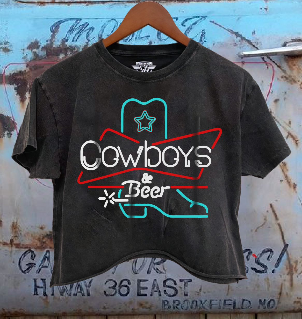 Cowboys & Beer Neon Boot Relaxed Cropped Acid Wash T-Shirt Hoodie, Sweatshirt | PodTeesHub.com