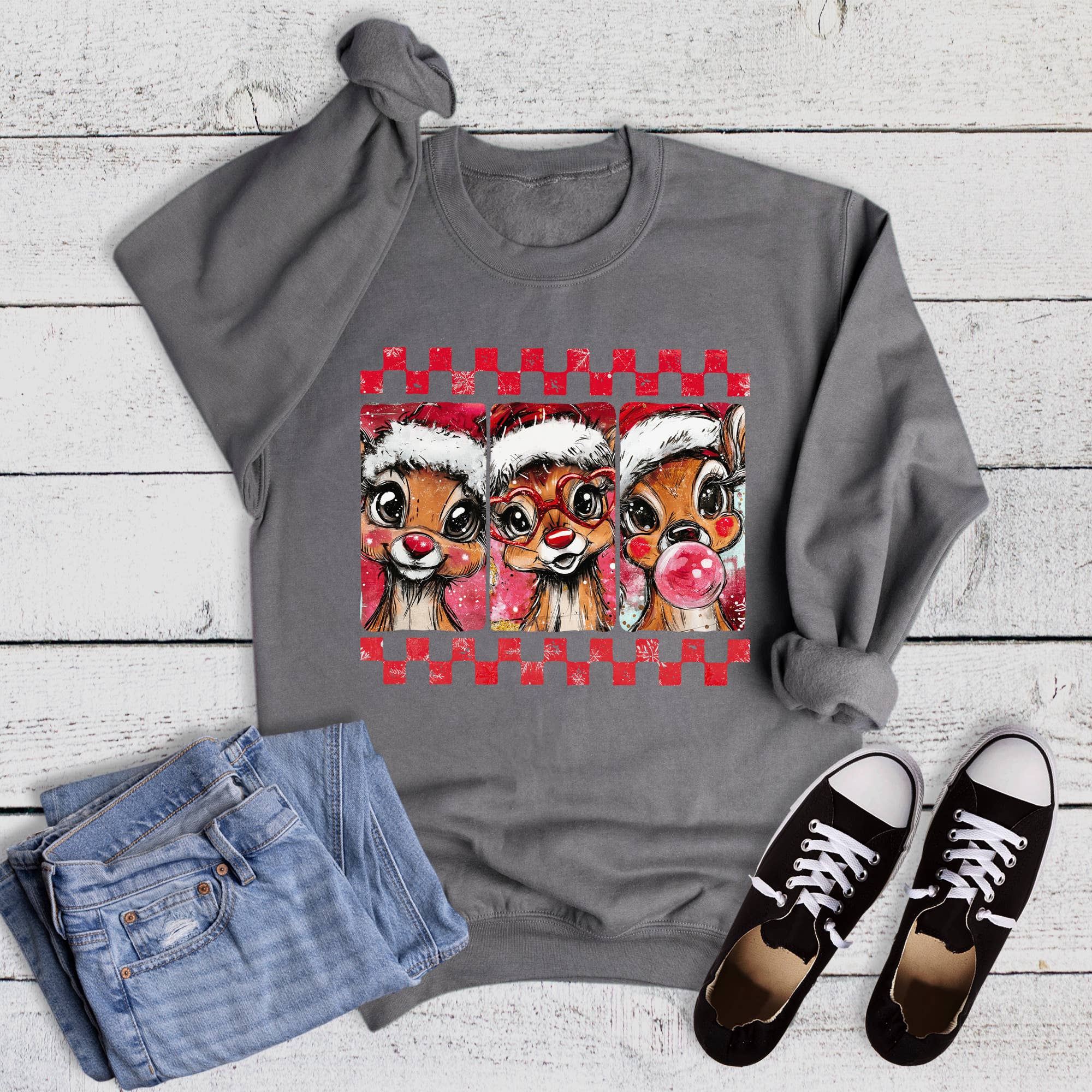 Christmas Check Reindeer Trio Sweatshirt T-Shirts, Hoodie | PodTeesHub.com