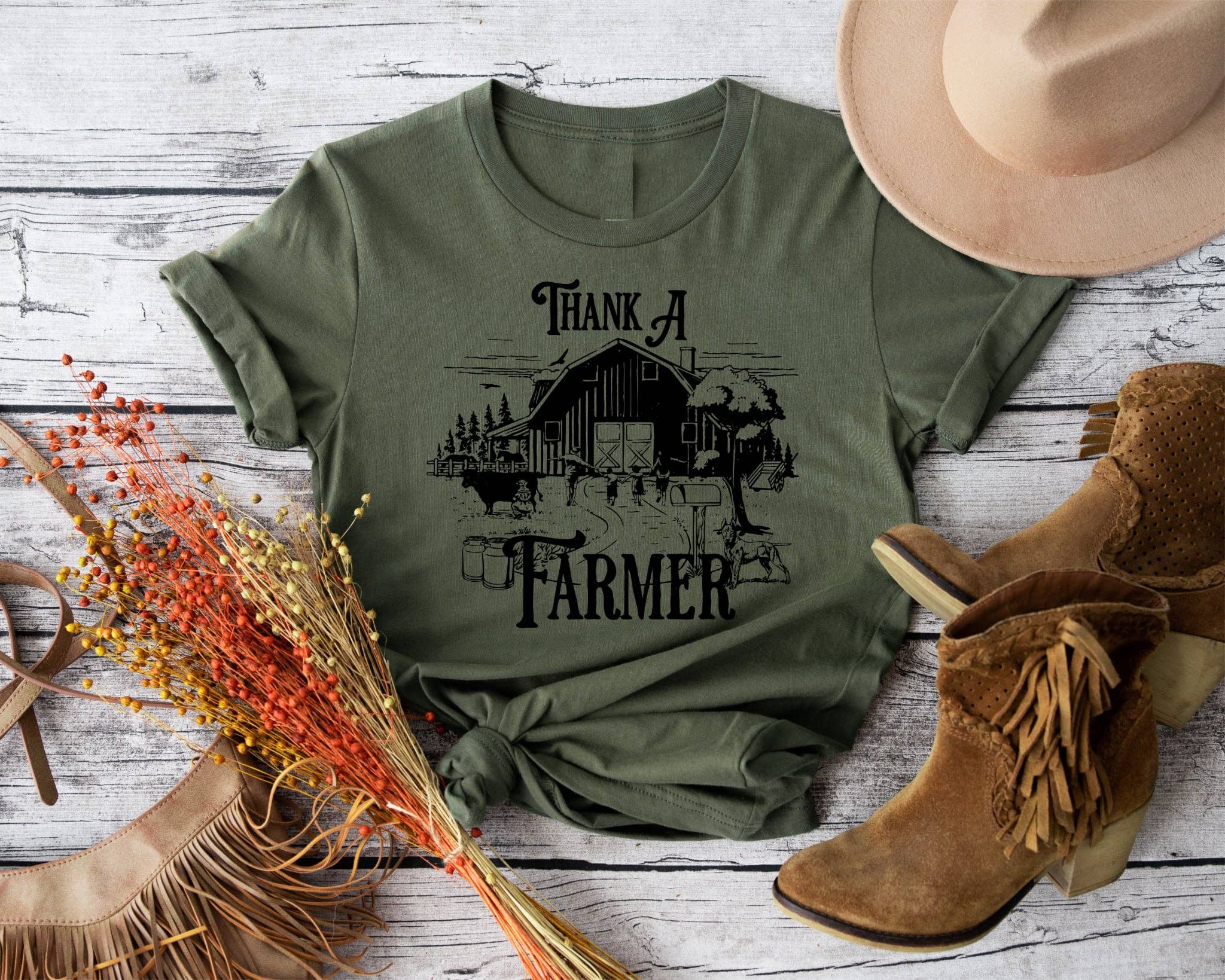 Western Thank A Farmer Olive Bella Graphic Tee Free Shipping Hoodie, Sweatshirt | PodTeesHub.com