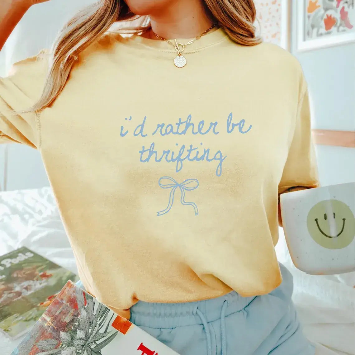 New Rather Be Thrifting Bow Yell Comfort Colors Graphic Tee Hoodie, Sweatshirt | PodTeesHub.com