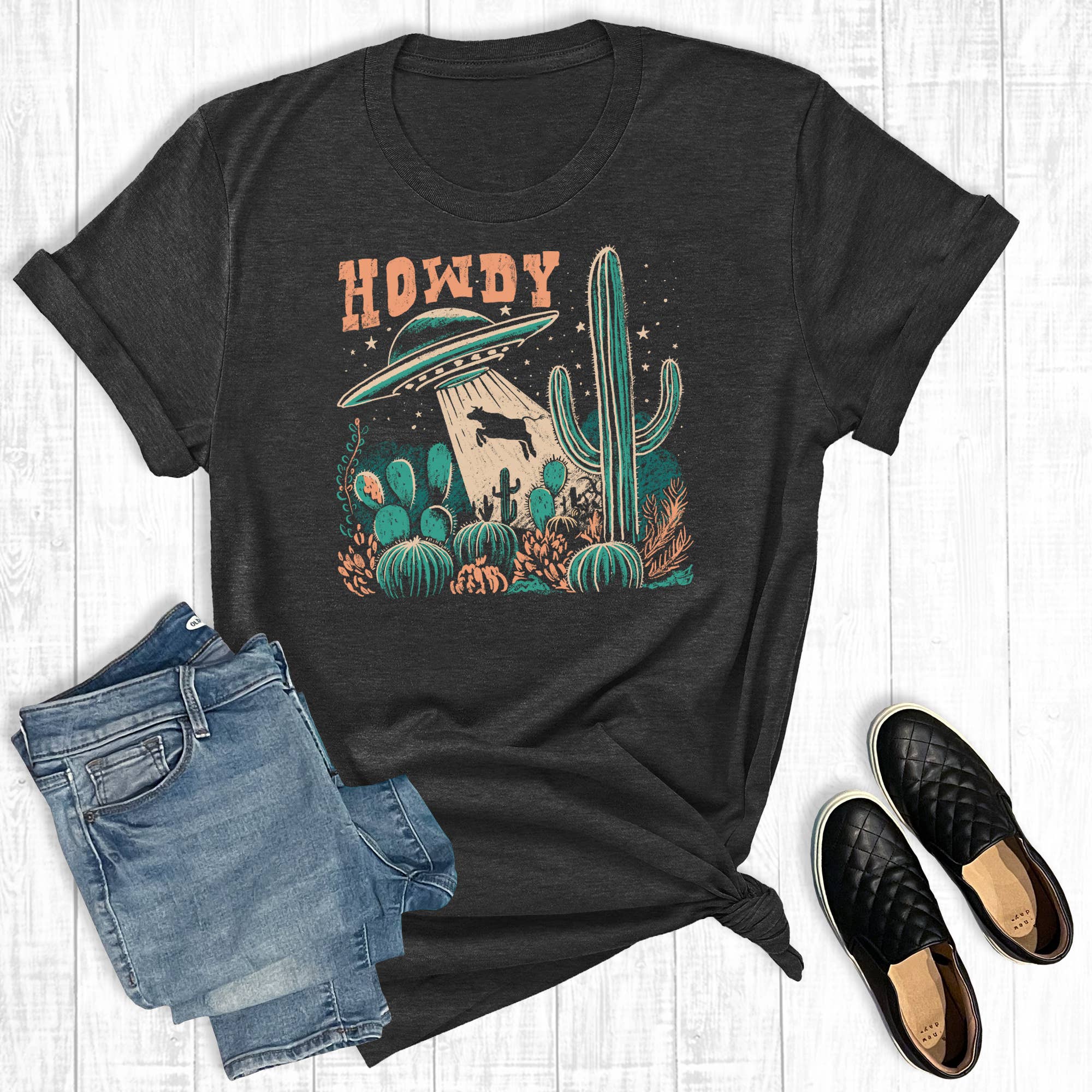 Western Howdy Cow Abduction Graphic Tee Hoodie, Sweatshirt | PodTeesHub.com