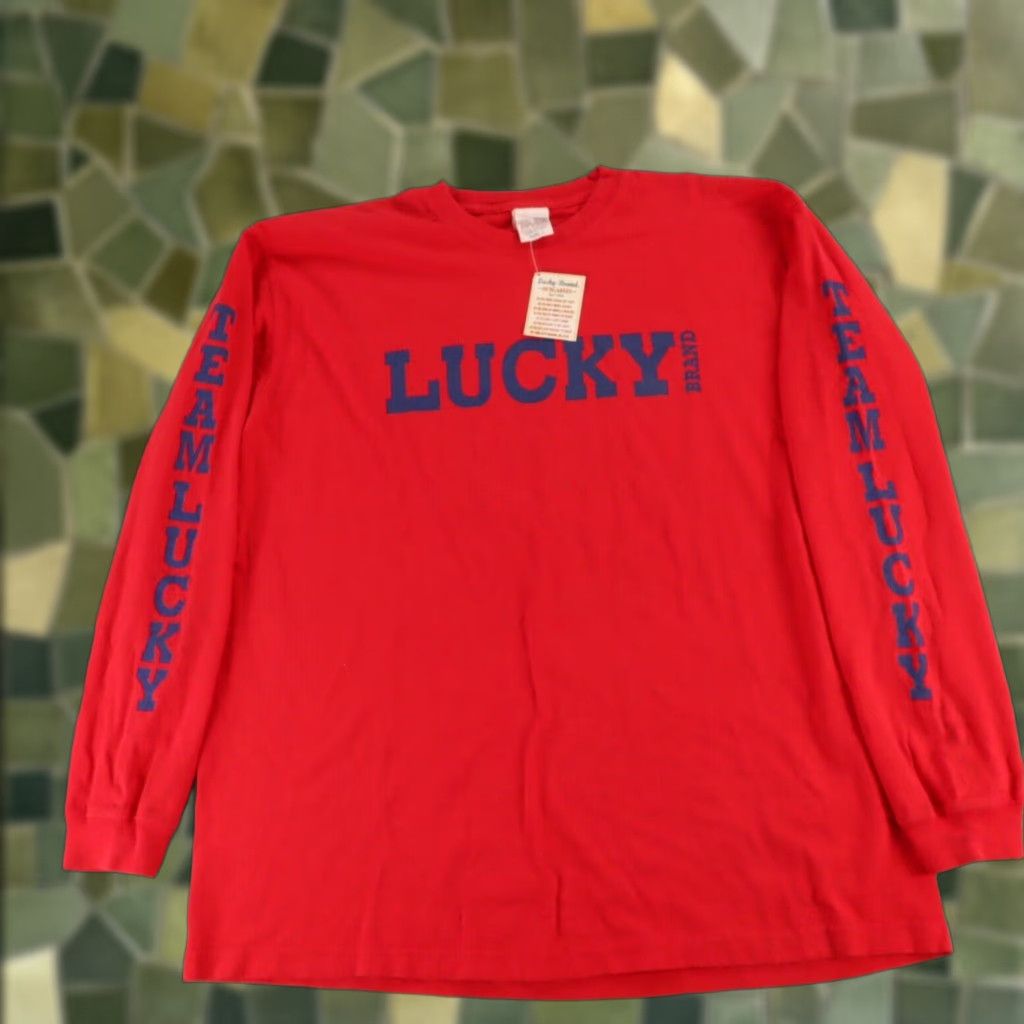 Brand Vintage Lucky Brand Shirt Mens L Red Cotton Long Sleeve Crew Neck 90s Colorful Logo Spor Hoodie, Sweatshirt