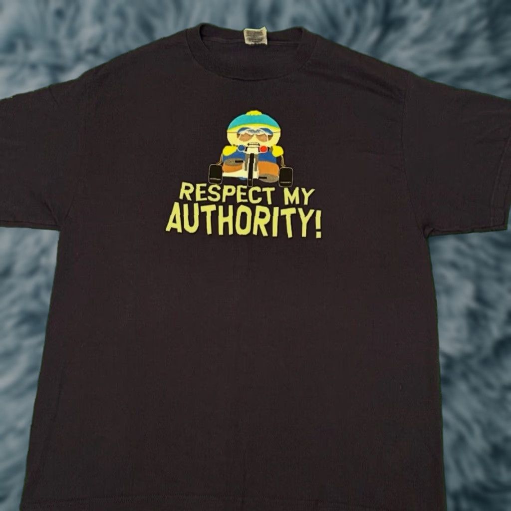 Vintage 90s South Park Cartman Respect My Authority Vtg Shirt Mens L Blue Cartoon Funny Hip Hoodie, Sweatshirt