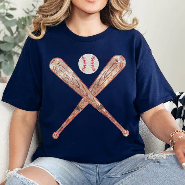 Sequin Bats and Baseball Patch Navy Everyday Tee Hoodie, Sweatshirt | PodTeesHub.com