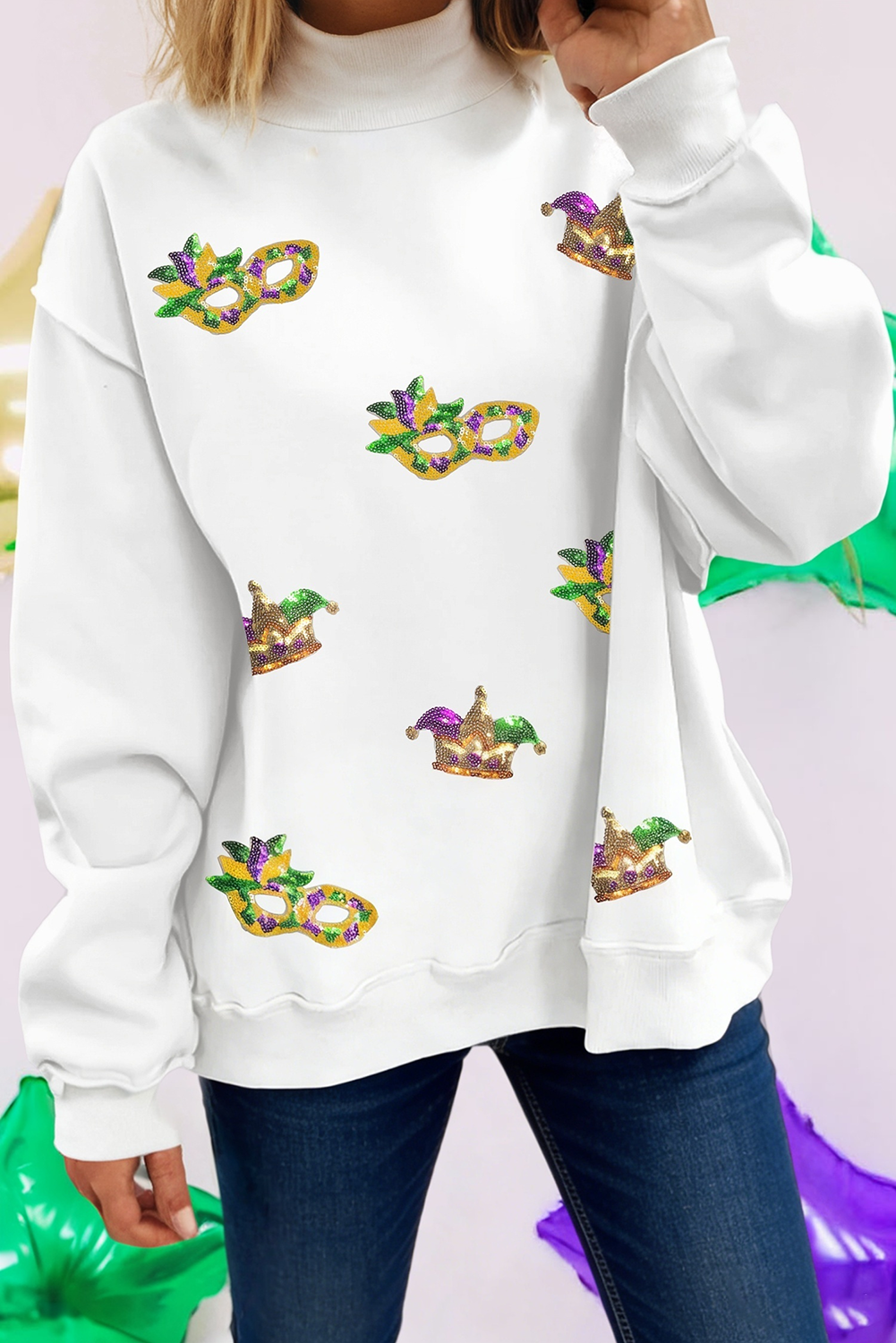 Mock Neck Sequined Mardi Gras Mask Holiday Sweatshirt (S-Xl) T-Shirts, Hoodie | PodTeesHub.com
