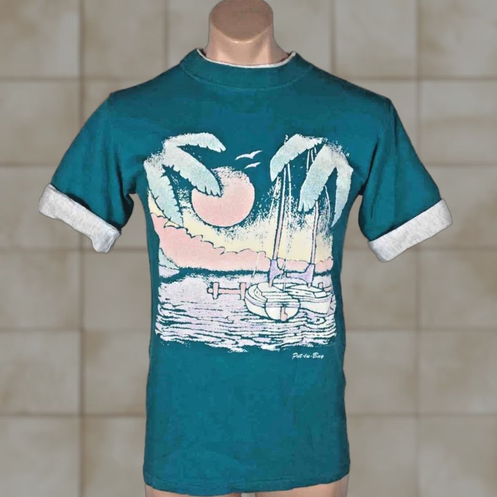 Vintage Vtg 80s Put In Bay Lake Erie Retro Puffy Paint Sailing Ringer T Shirt Teal M Usa Shirt Mens Hoodie, Sweatshirt