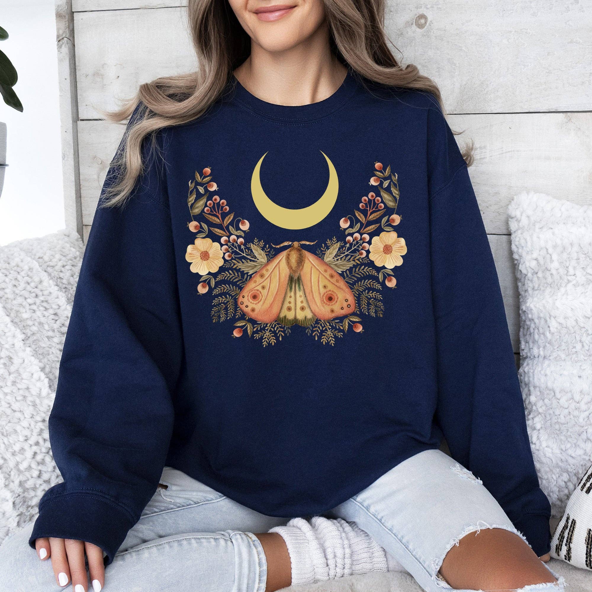 Mystical Moth and Moon, Enchanted Floral Night Sky Sweatshirt T-Shirts, Hoodie | PodTeesHub.com