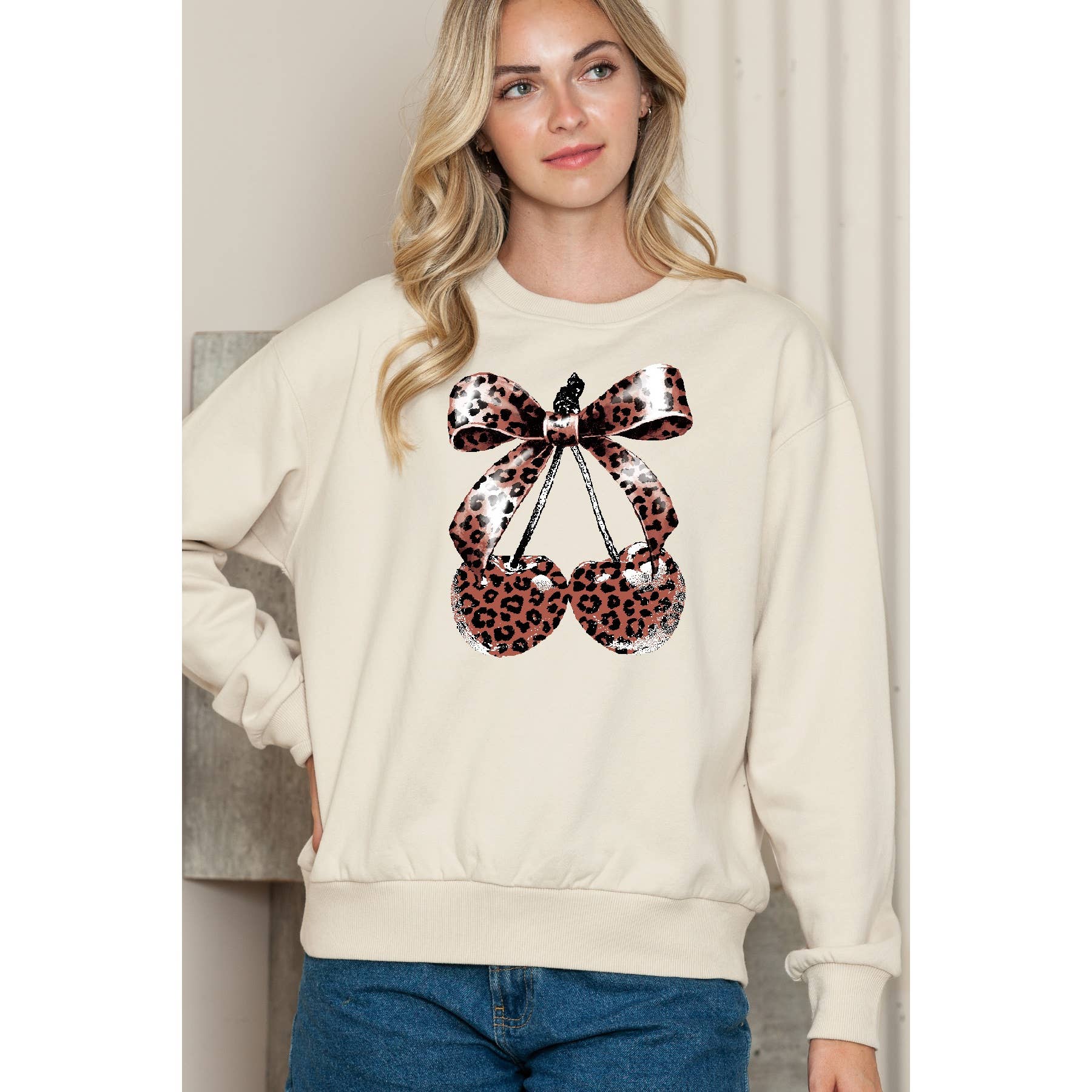 Leopard Bow Cherry Crewneck Sweatshirt T-Shirts, Hoodie | PodTeesHub.com