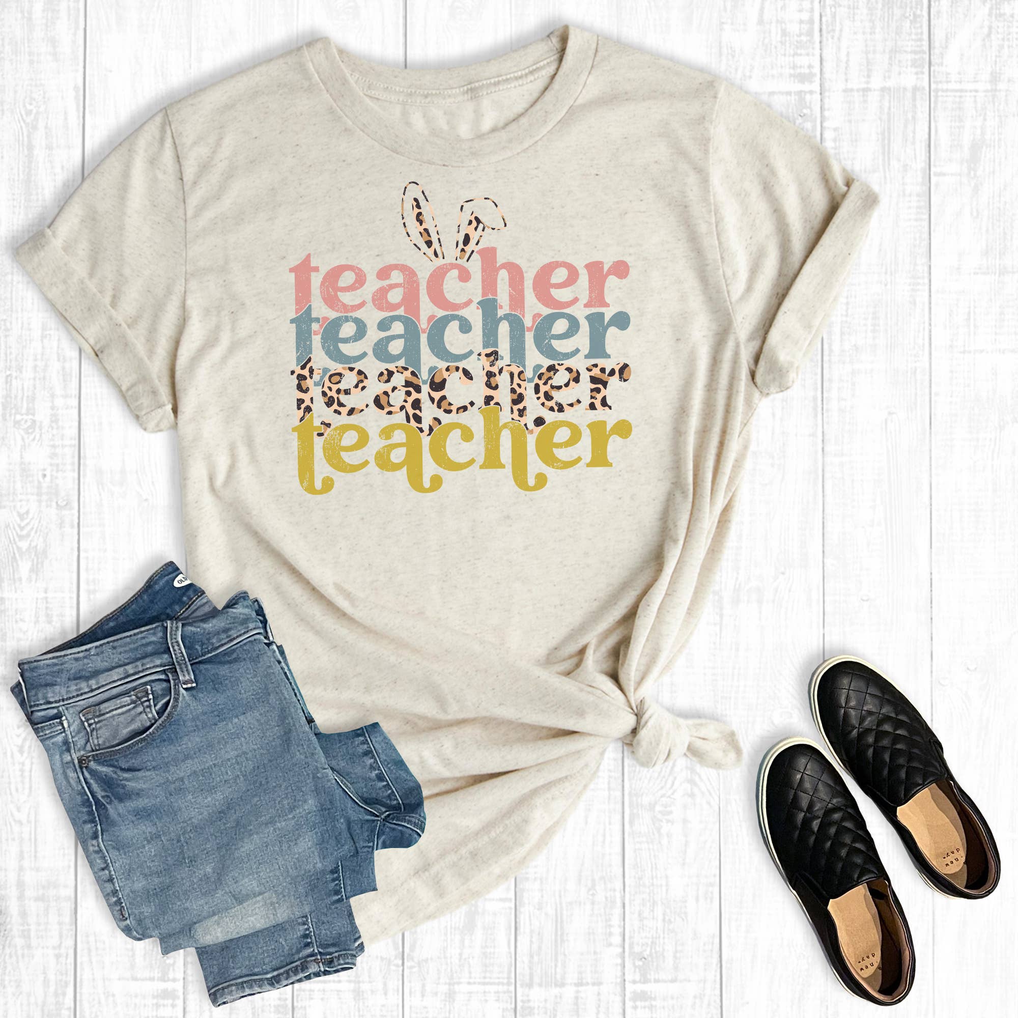 Teacher Stacked Easter Bunny Graphic Tee Hoodie, Sweatshirt | PodTeesHub.com