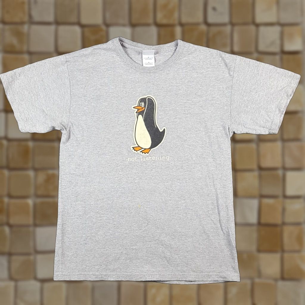 Vintage Gildan Y2k Not Listening Penguin Funny Cartoon T Shirt Adult Medium Gray 90s Novelty Hoodie, Sweatshirt