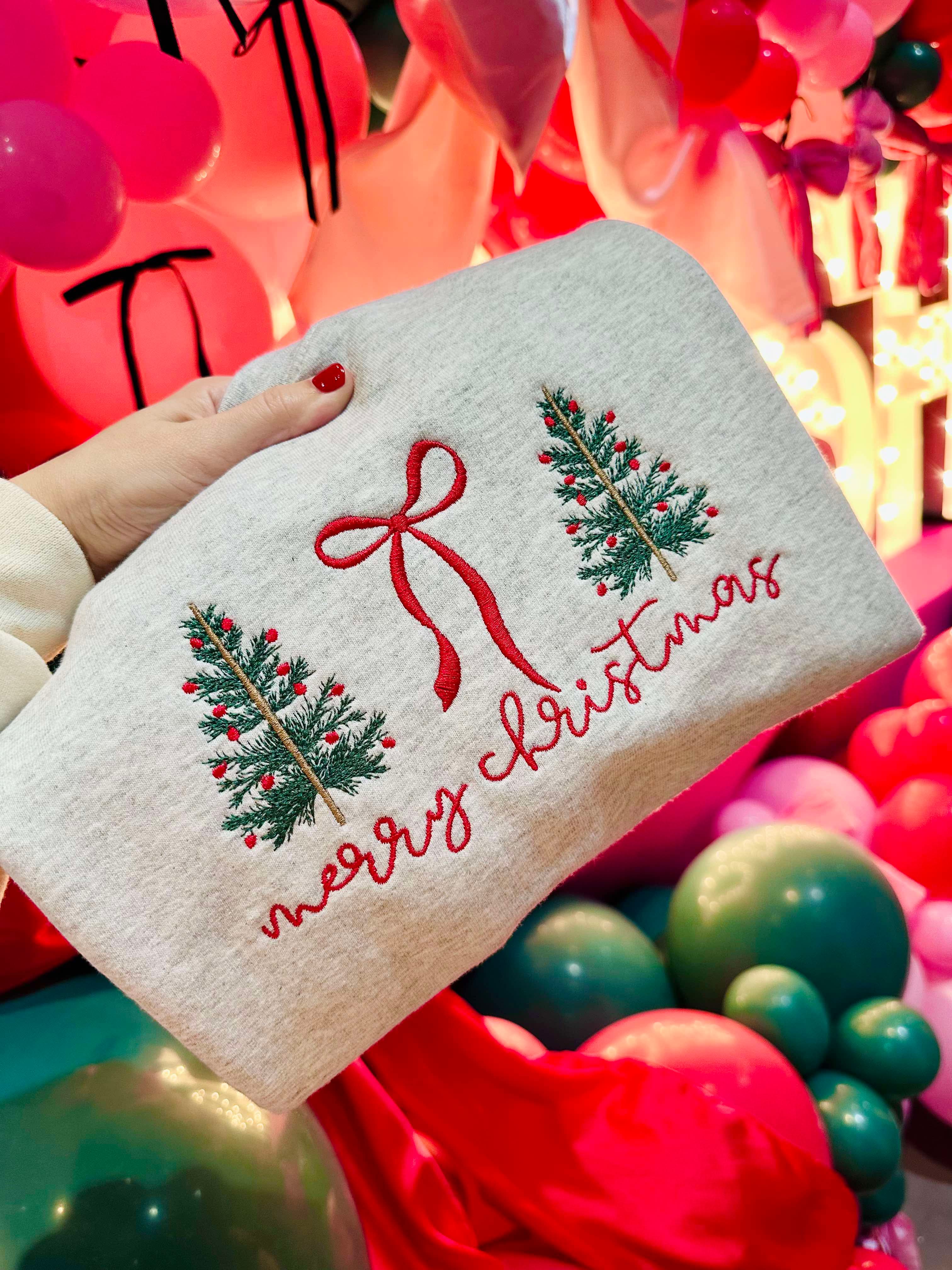 Merry Christmas Bow Trees Embroidery Sweatshirt T-Shirts, Hoodie | PodTeesHub.com
