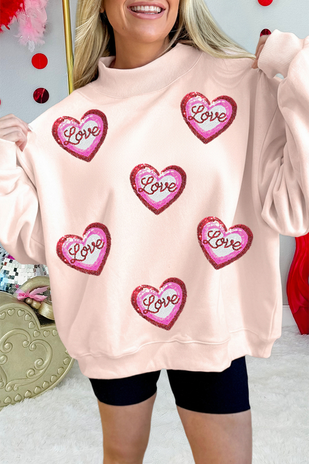 Sequin Love Heart Patched Mock Neck Sweatshirt (S-Xl) T-Shirts, Hoodie | PodTeesHub.com