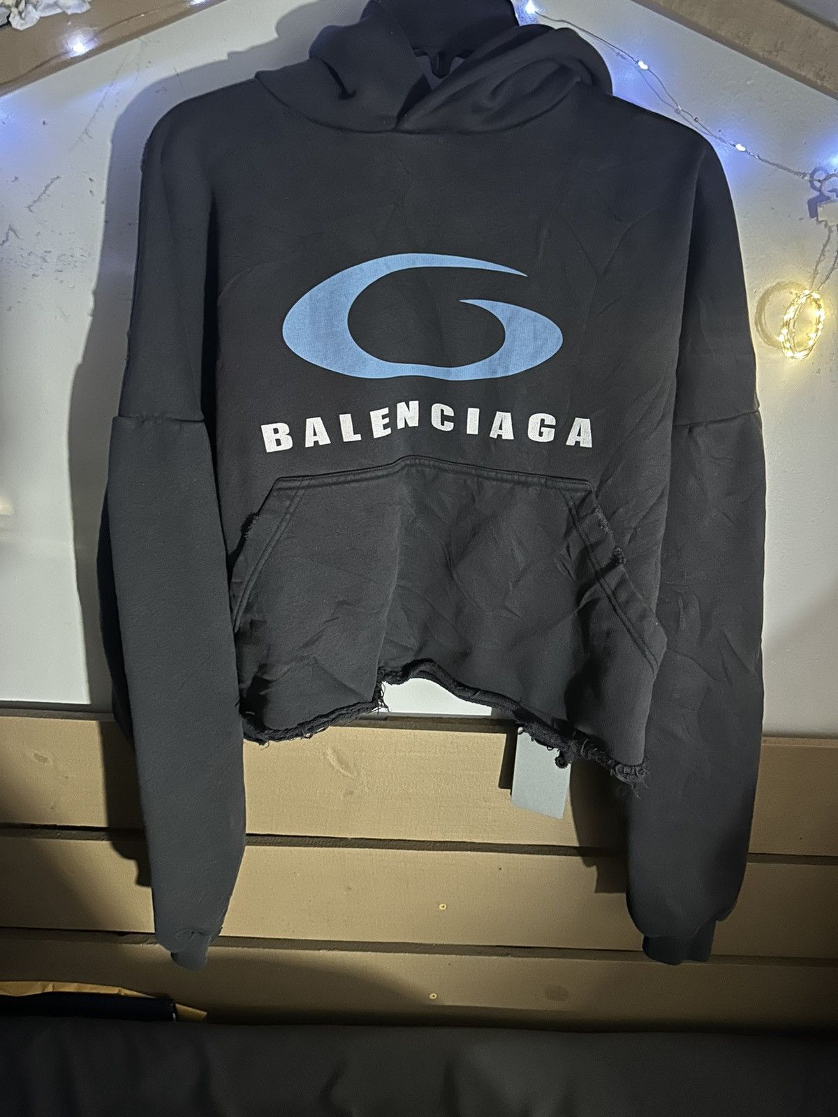 Balenciaga Cropped Logo Distressed Graphic Hoodie Size 2 T-Shirts, Sweatshirt | PodTeesHub.com