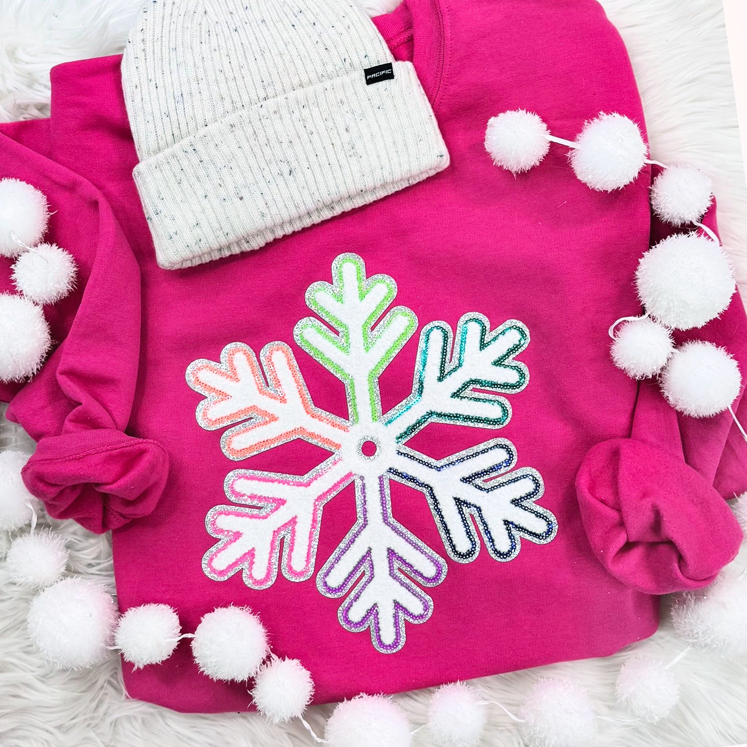 Multi-Colored Chenille/Sequin Snowflake Patch Heliconia Sweatshirt T-Shirts, Hoodie | PodTeesHub.com