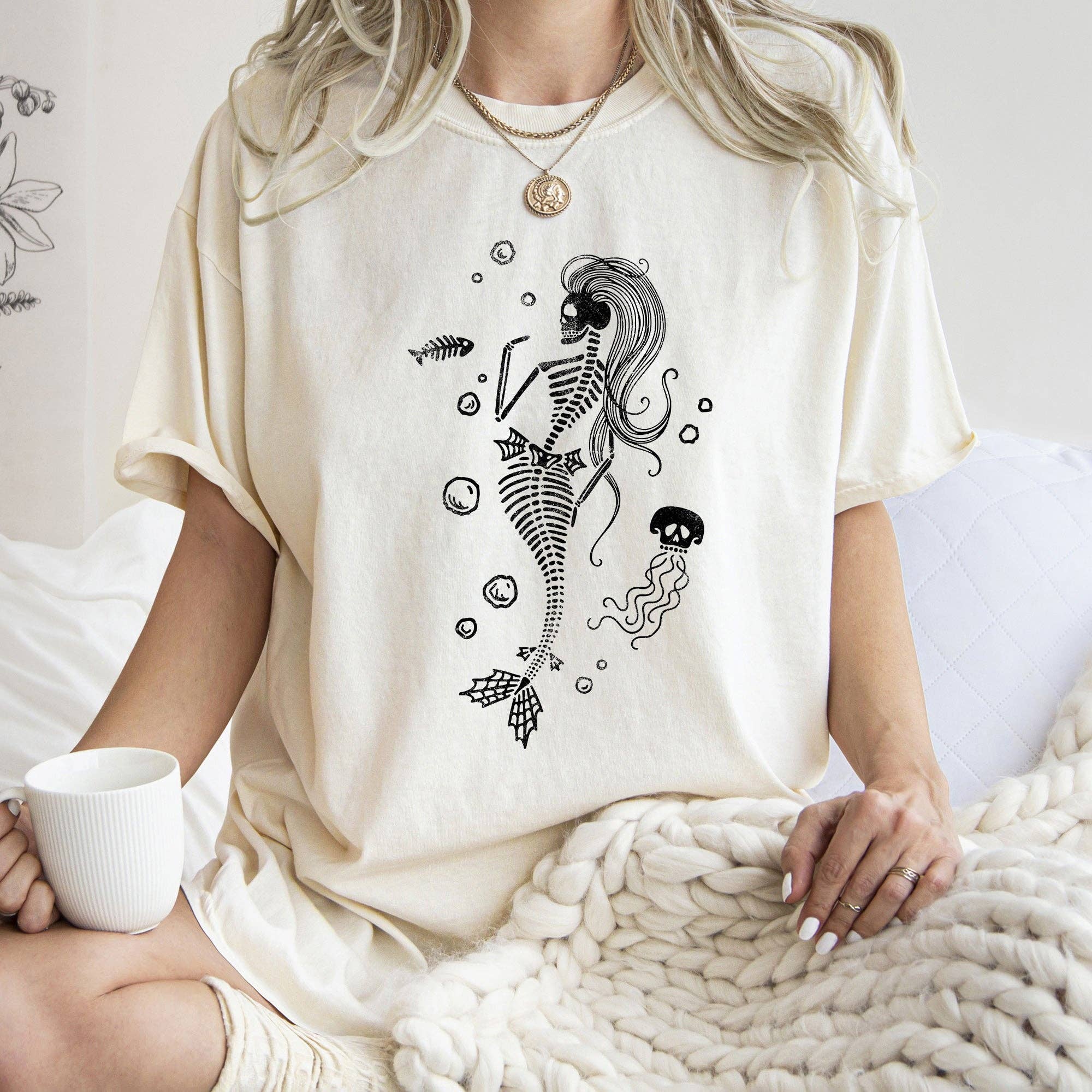 Mermaid Skeleton Jellyfish Halloween T-Shirt Black Print Hoodie, Sweatshirt | PodTeesHub.com