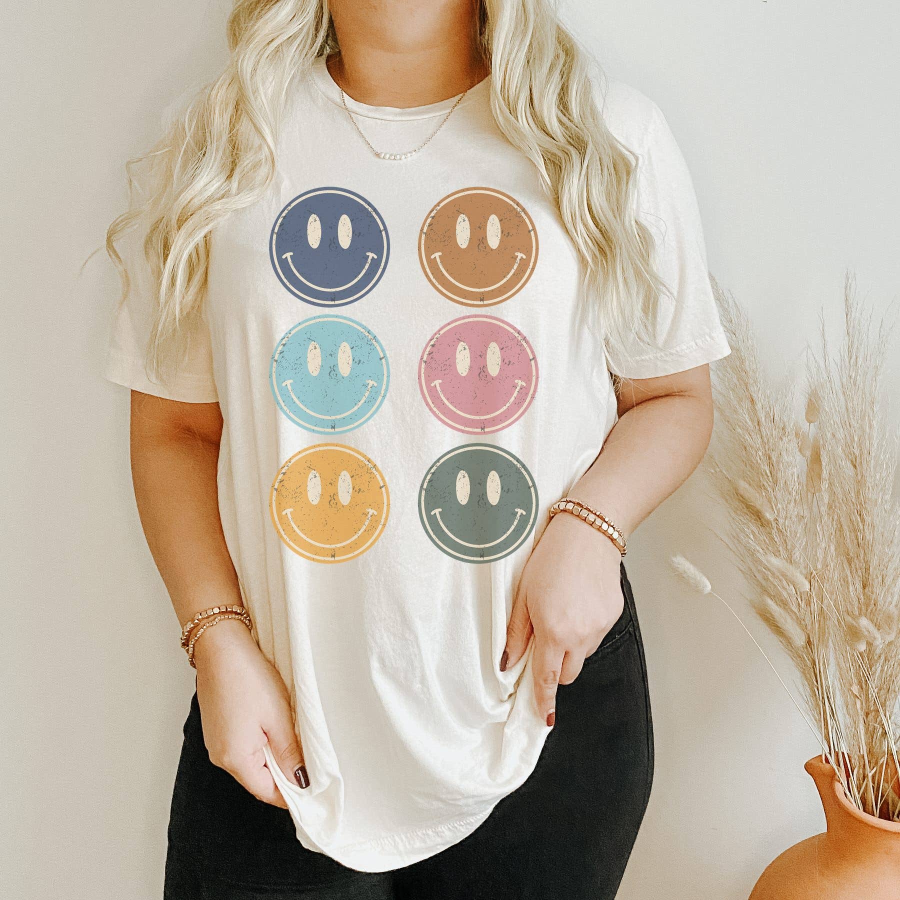 Boho Happy Face Grid Tee | Retro Shirt Hoodie, Sweatshirt | PodTeesHub.com